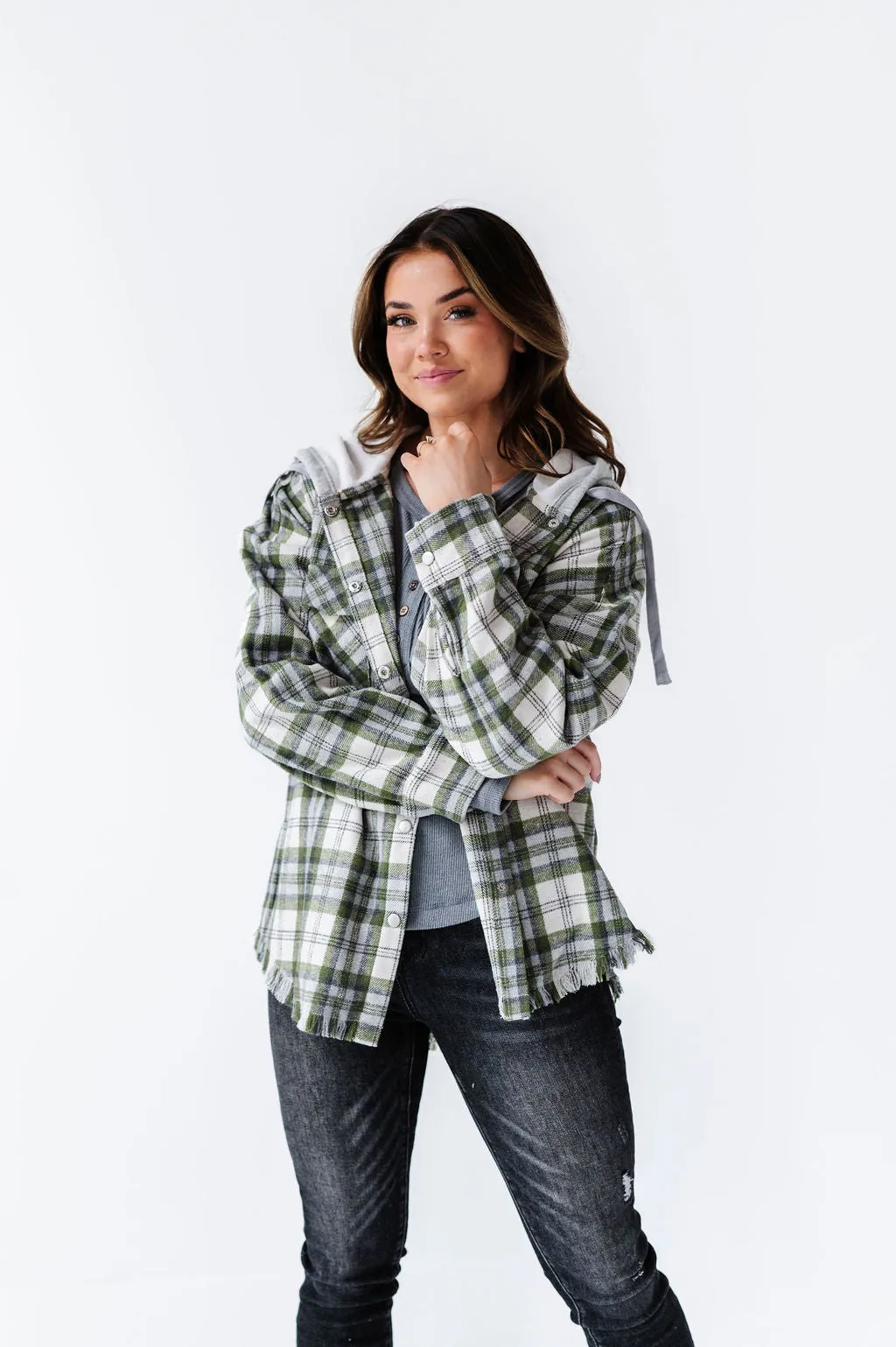 Dove Plaid Shacket in Olive - Size M Left