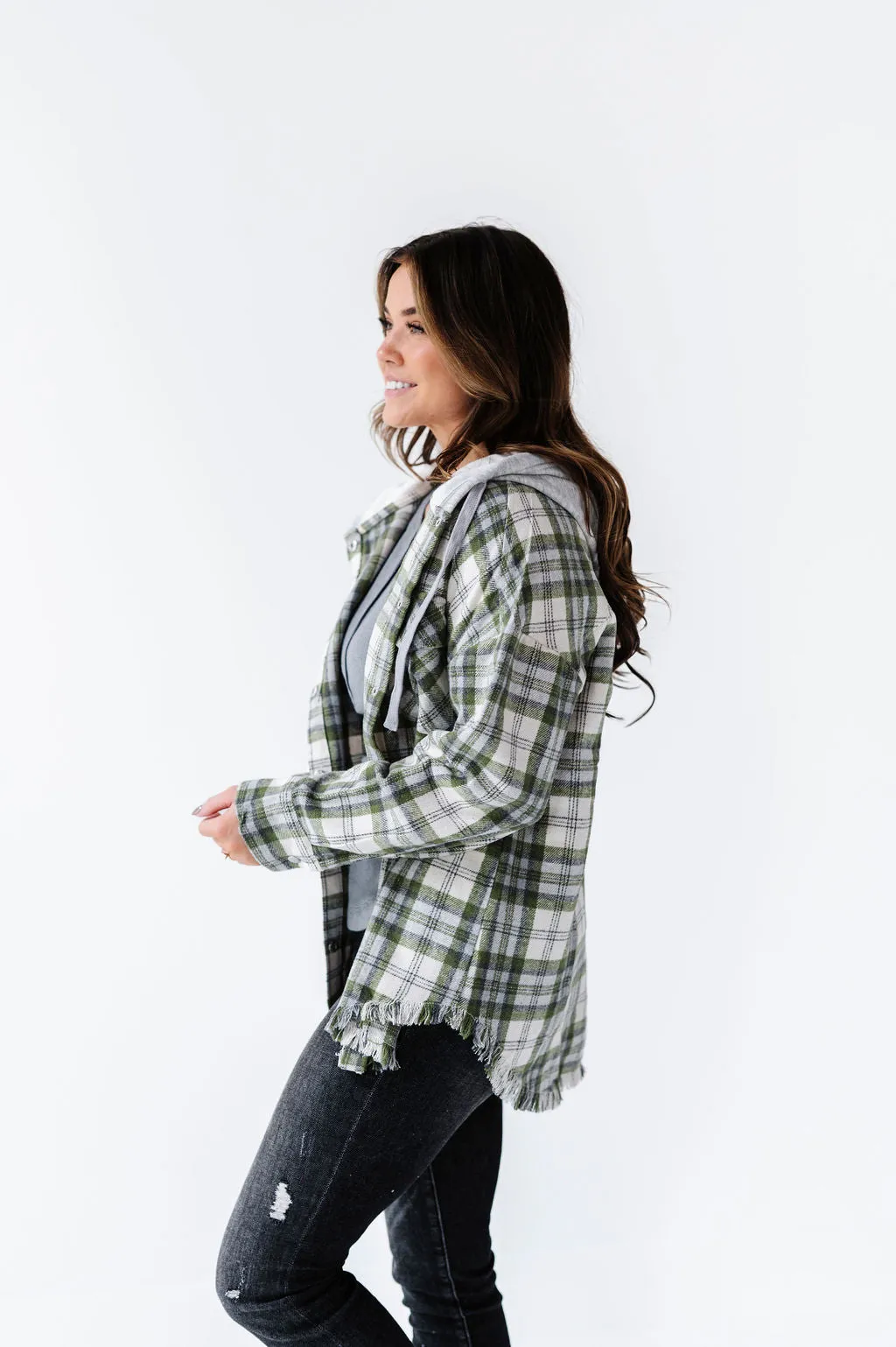 Dove Plaid Shacket in Olive - Size M Left