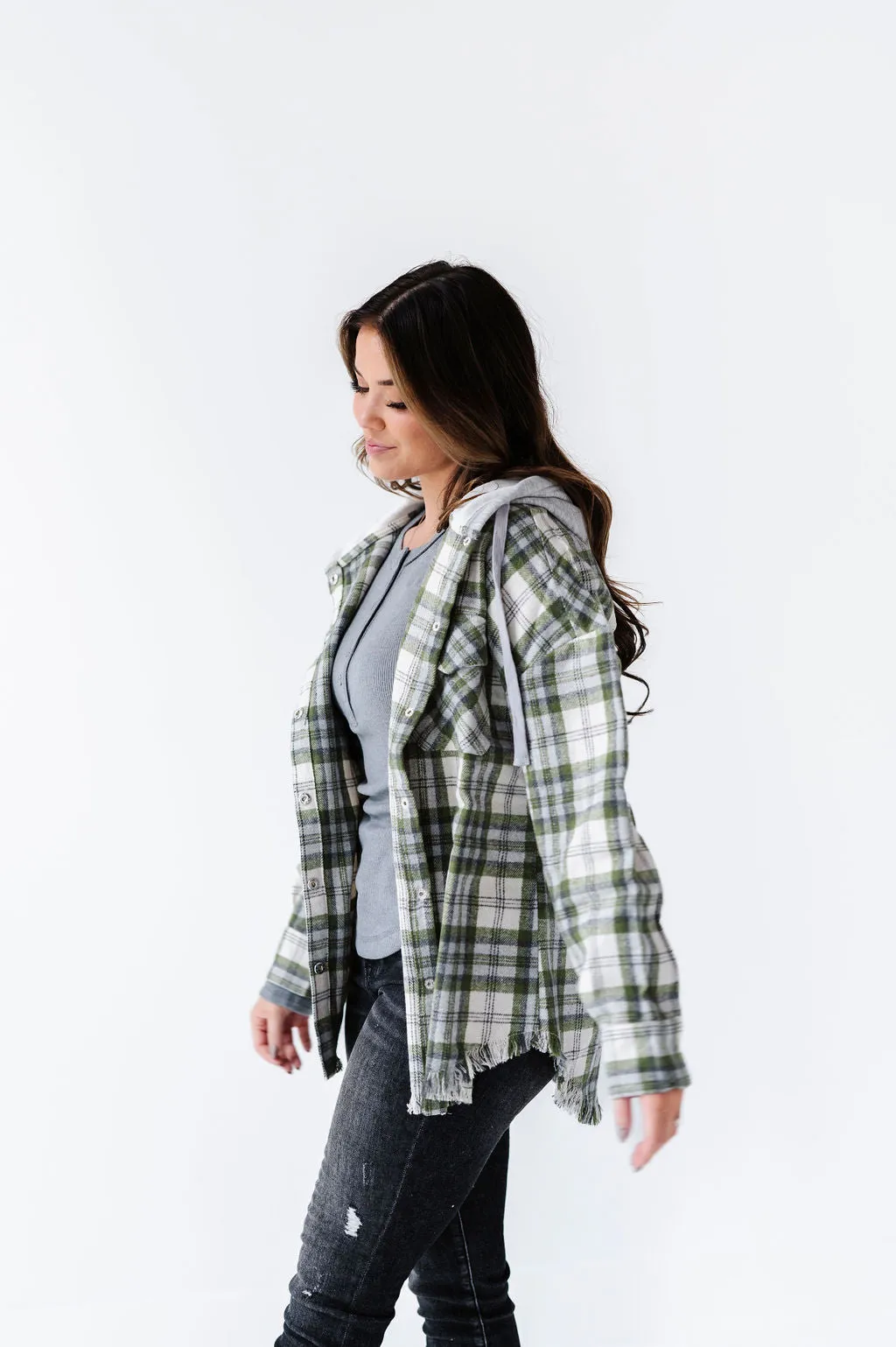 Dove Plaid Shacket in Olive - Size M Left