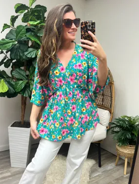 Dreamer Peplum Top in Emerald and Pink Floral