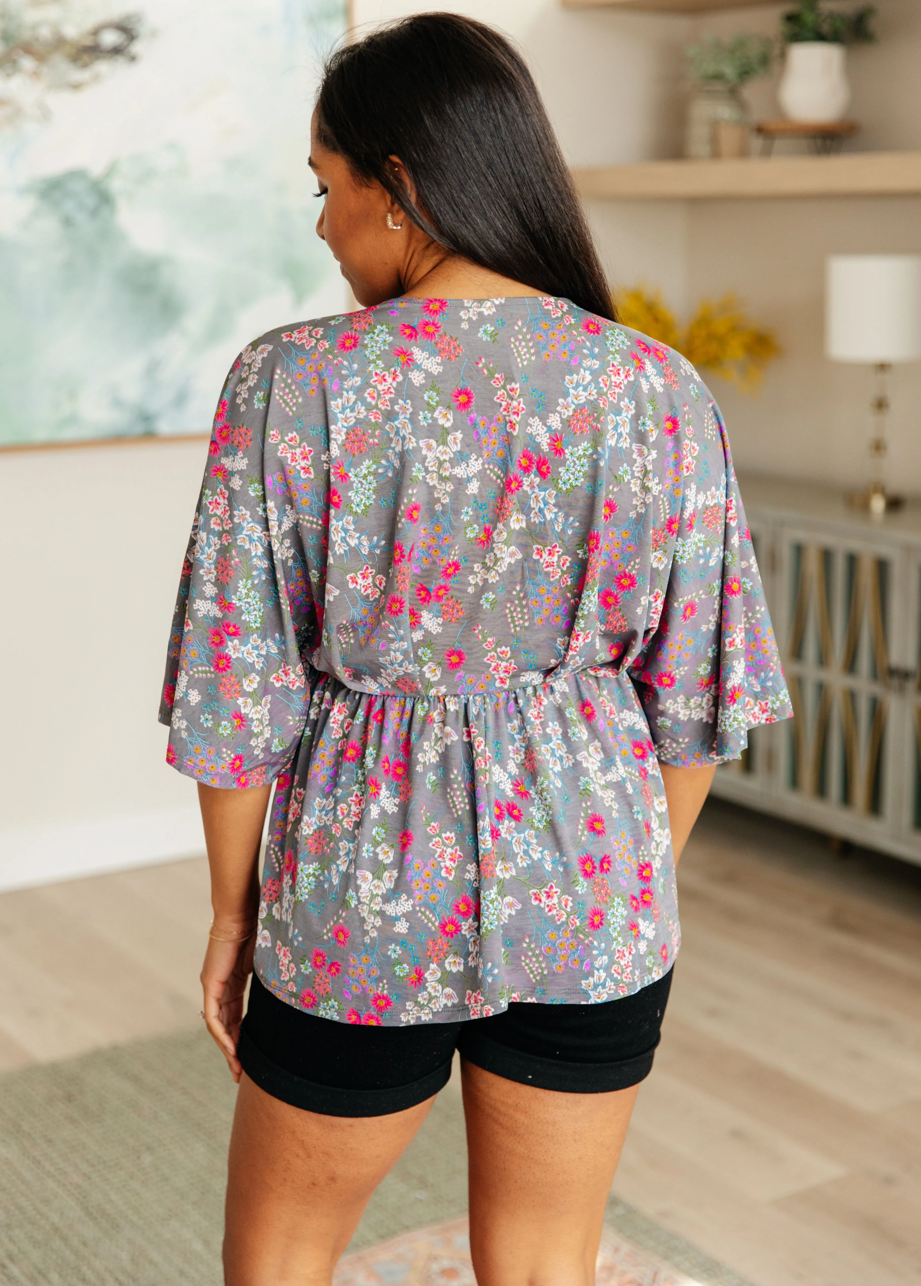 Dreamer Peplum Top in Grey and Pink Floral - 4/26