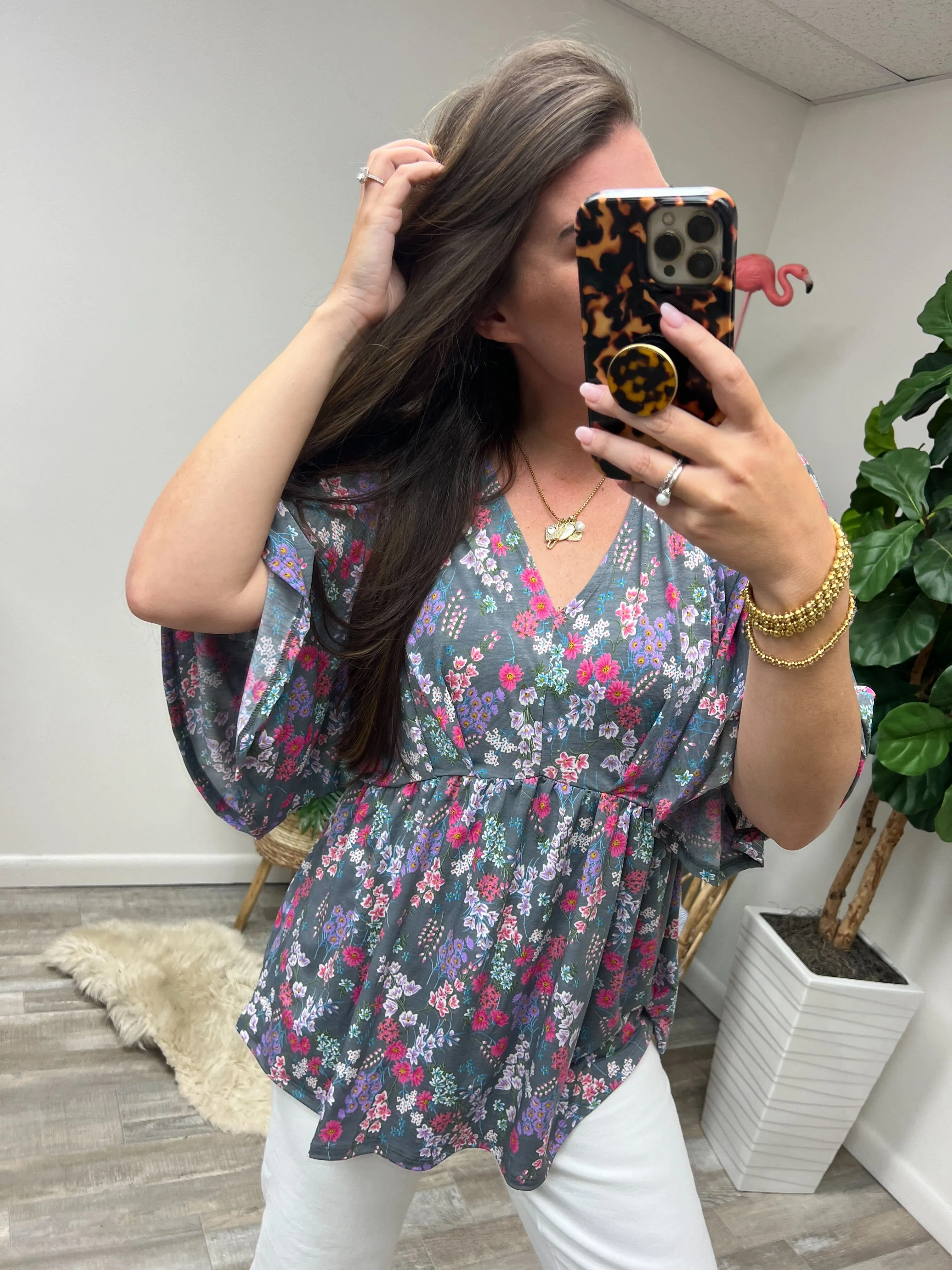 Dreamer Peplum Top in Grey and Pink Floral - 4/26