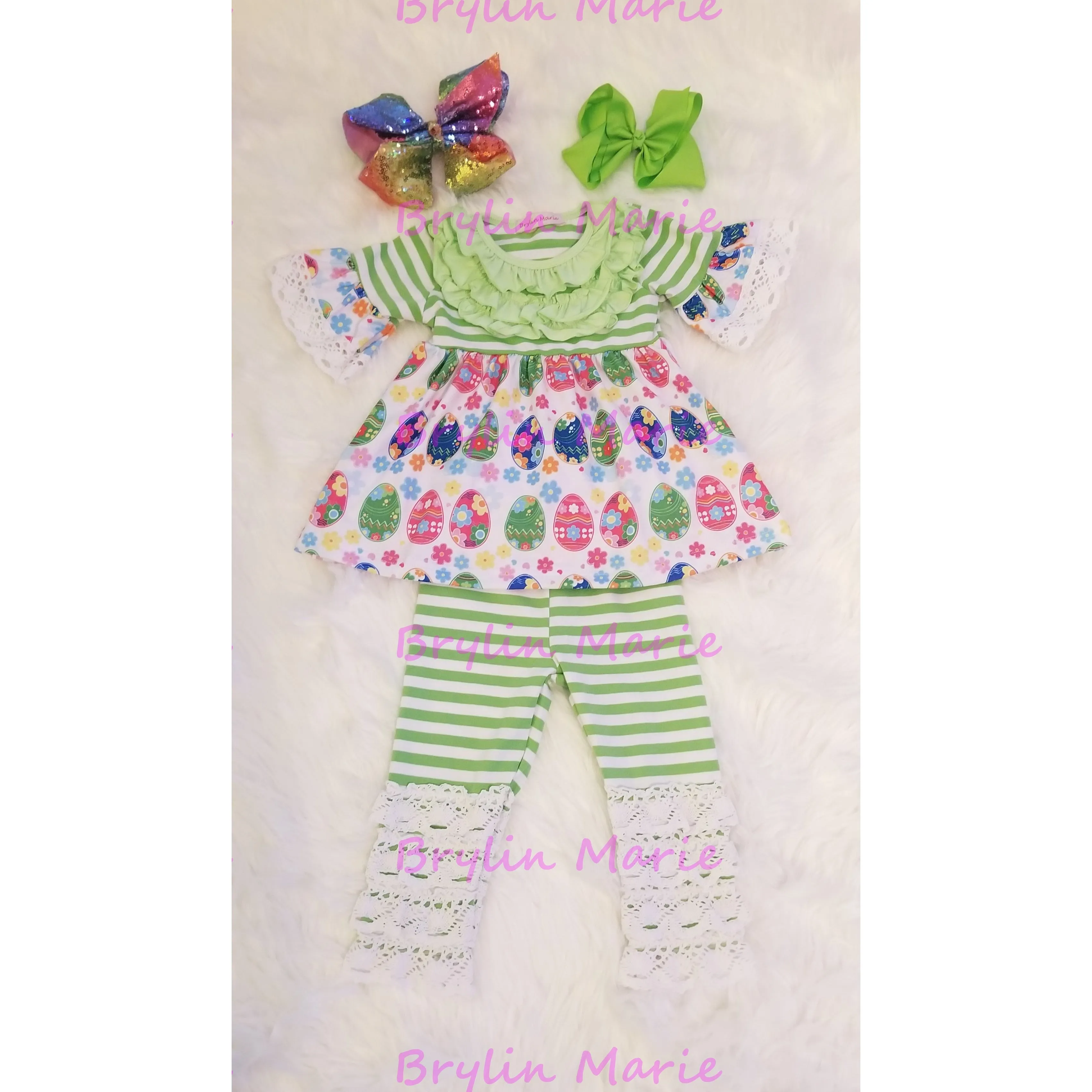 Easter Eggs Green Stripes Lace Set