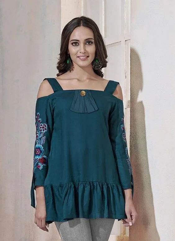 Fabulous Teal Green Color Solid A-line Cold Shoulder Sleeves Short Waistline Top