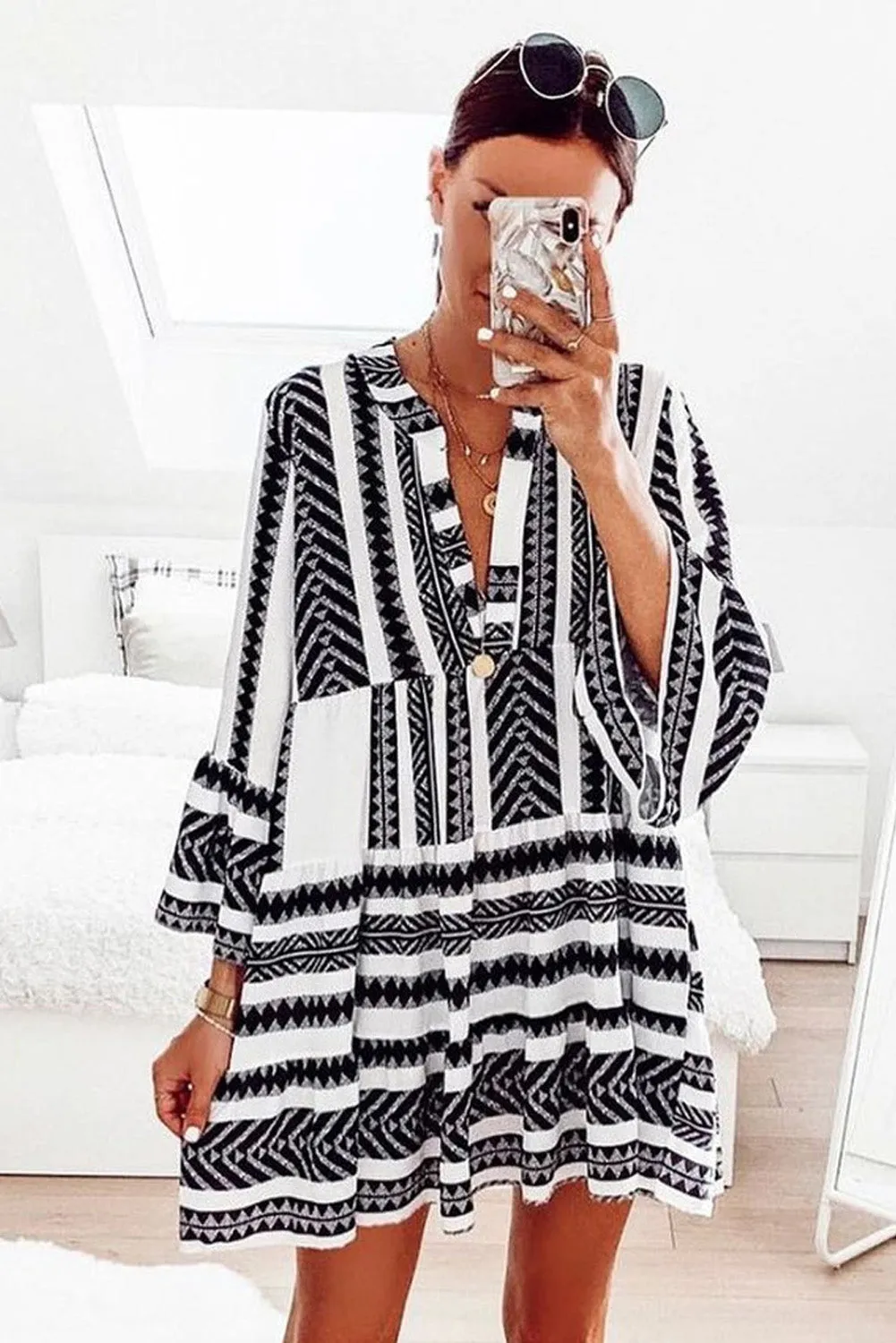 Geometric Print V neck Ruffle Babydoll Mini Dress