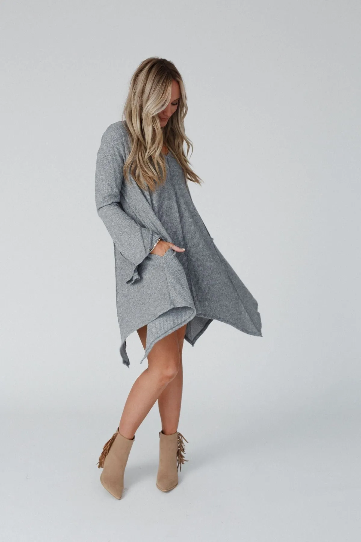 Golden Hour Long Bell Sleeve Tunic Dress - Heather Grey