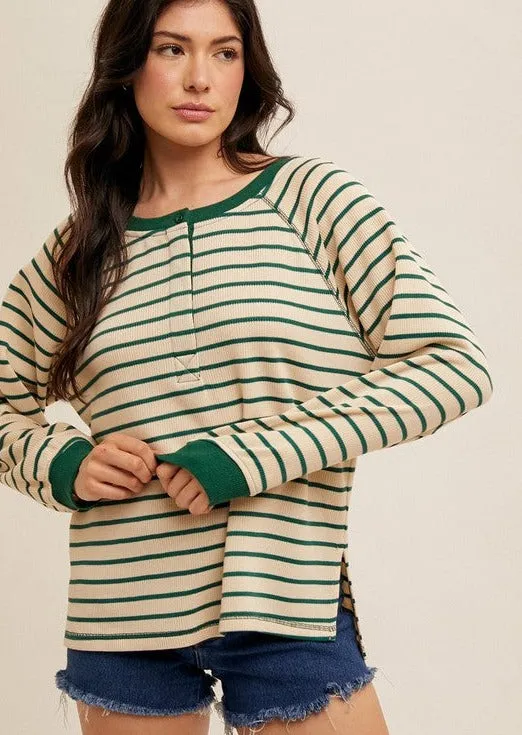 Green Stripe Side Slit Henley