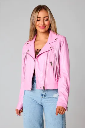 Heidi Fringe Vegan Leather Jacket - Pink