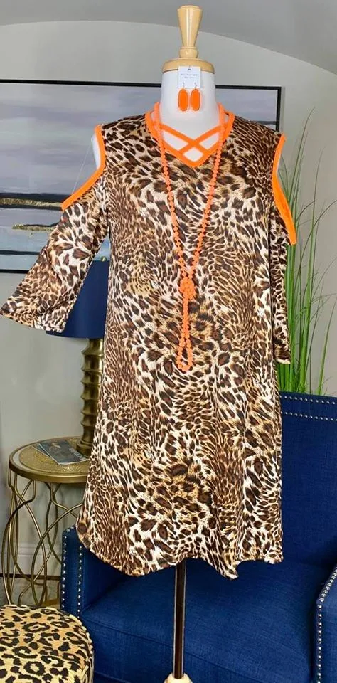 Leopard Flutter Tunic with Neon Orange Criss Cross Neck & Cold Shoulders