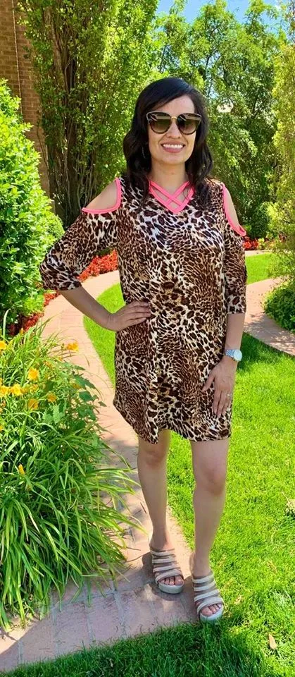 Leopard Flutter Tunic with Neon Pink Criss Cross Neck & Cold Shoulders