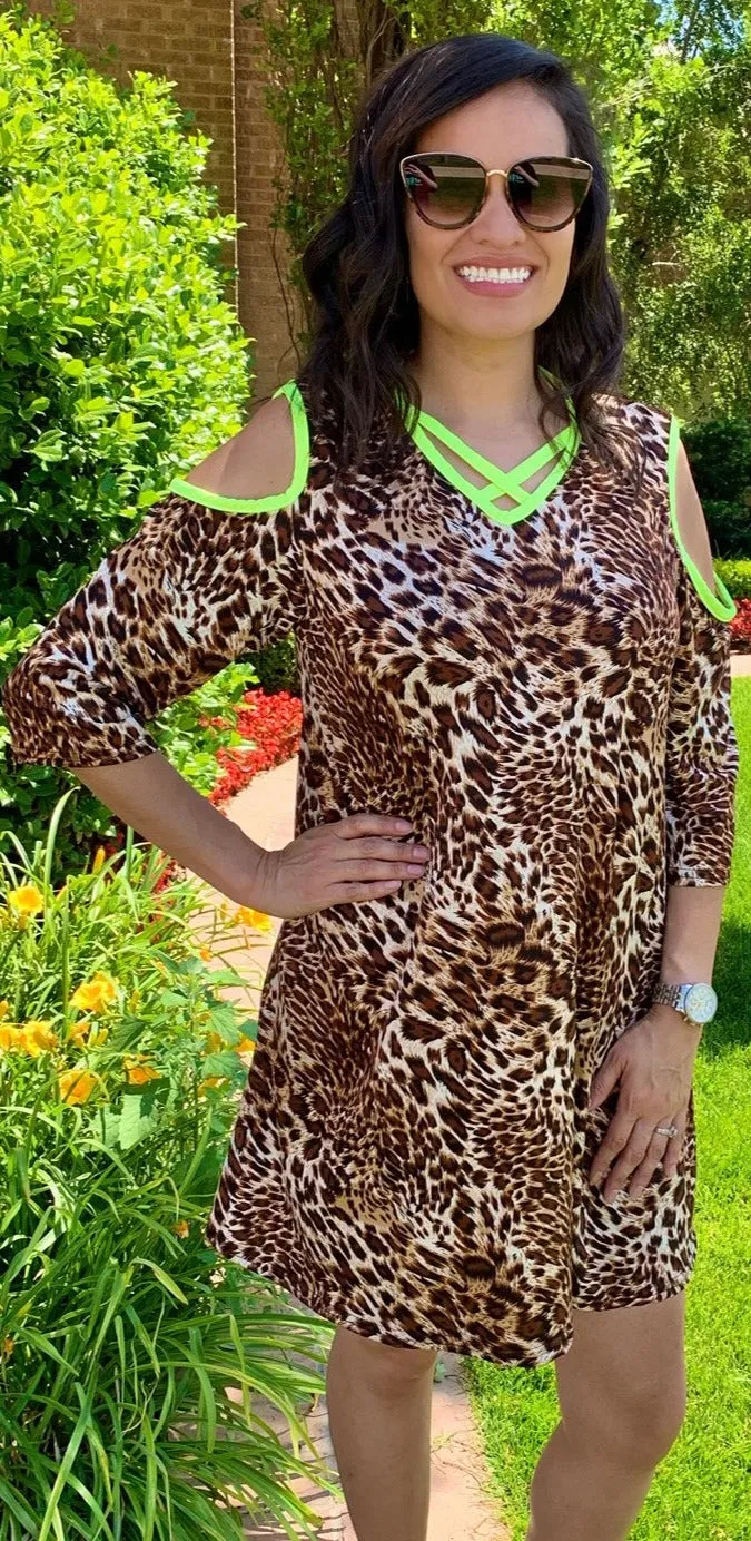 Leopard Flutter Tunic  with Neon Yellow Criss Cross Neck & Cold Shoulders