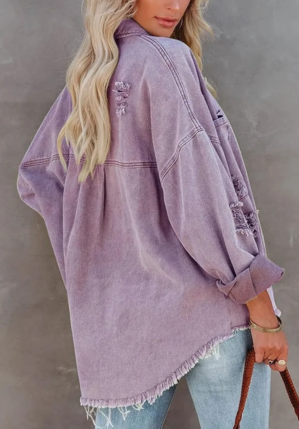 Light Weight Distressed Denim Jacket | Lilac