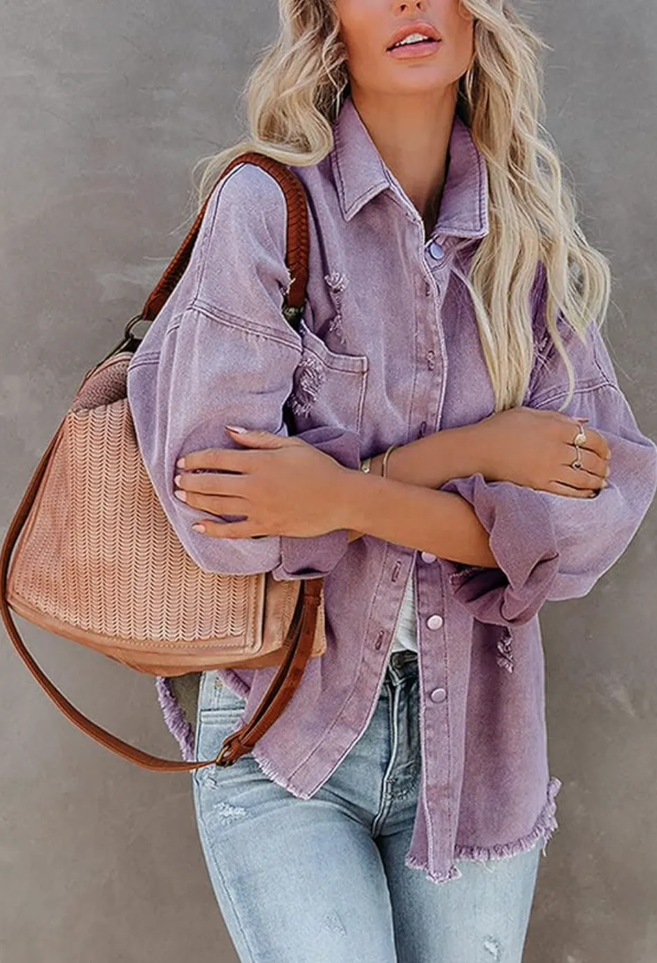 Light Weight Distressed Denim Jacket | Lilac