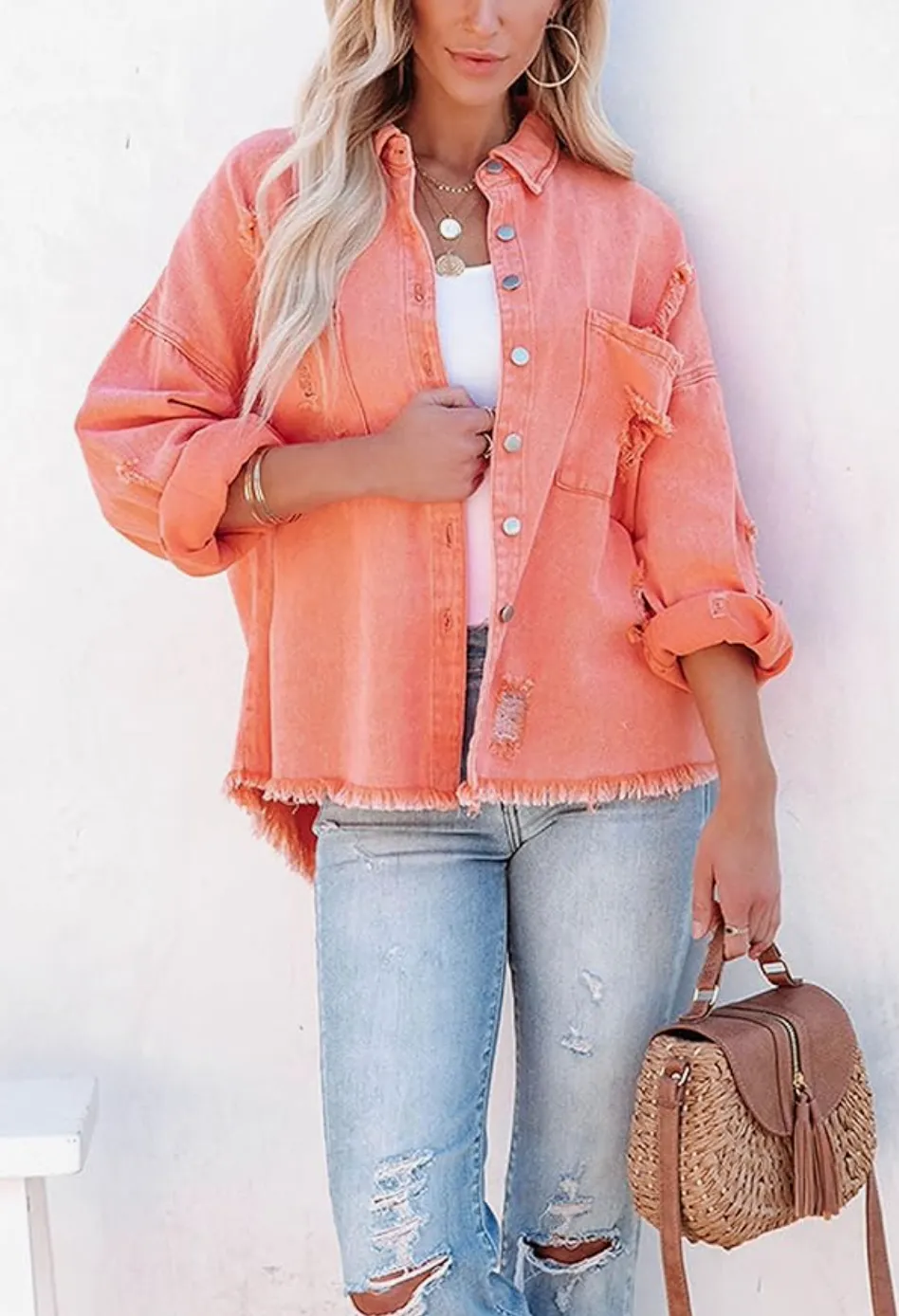 Light Weight Distressed Denim Jacket | Peach