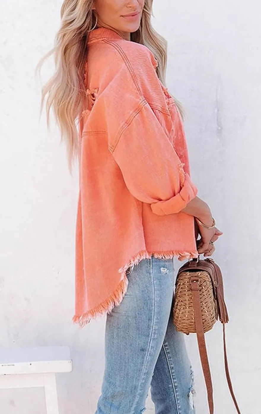 Light Weight Distressed Denim Jacket | Peach