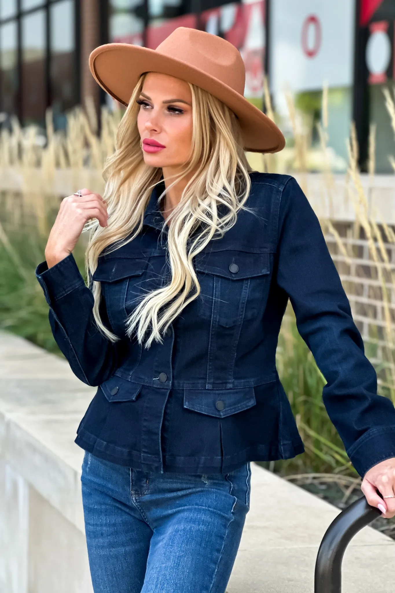 Liverpool Lucien Peplum Denim Jacket : Dark Wash