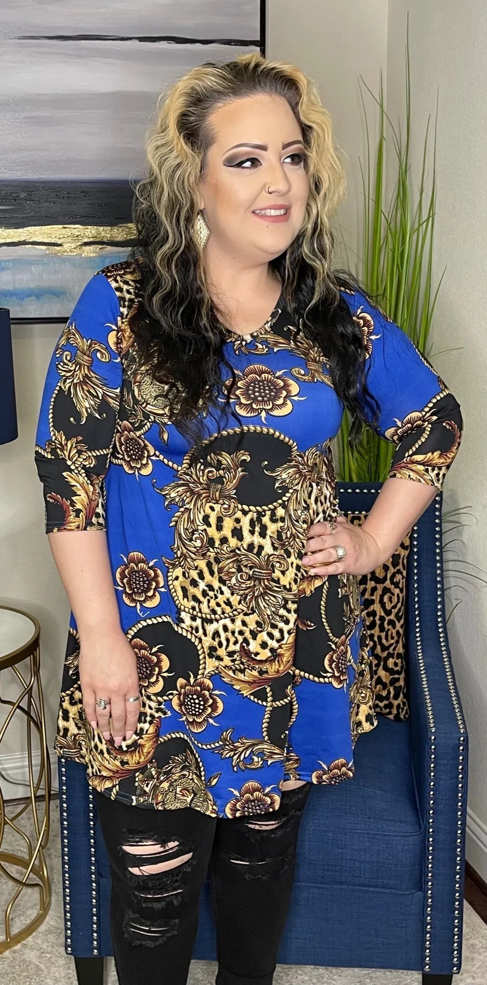 M-L : Royal Blue, Leopard, & Scroll Flutter Tunic