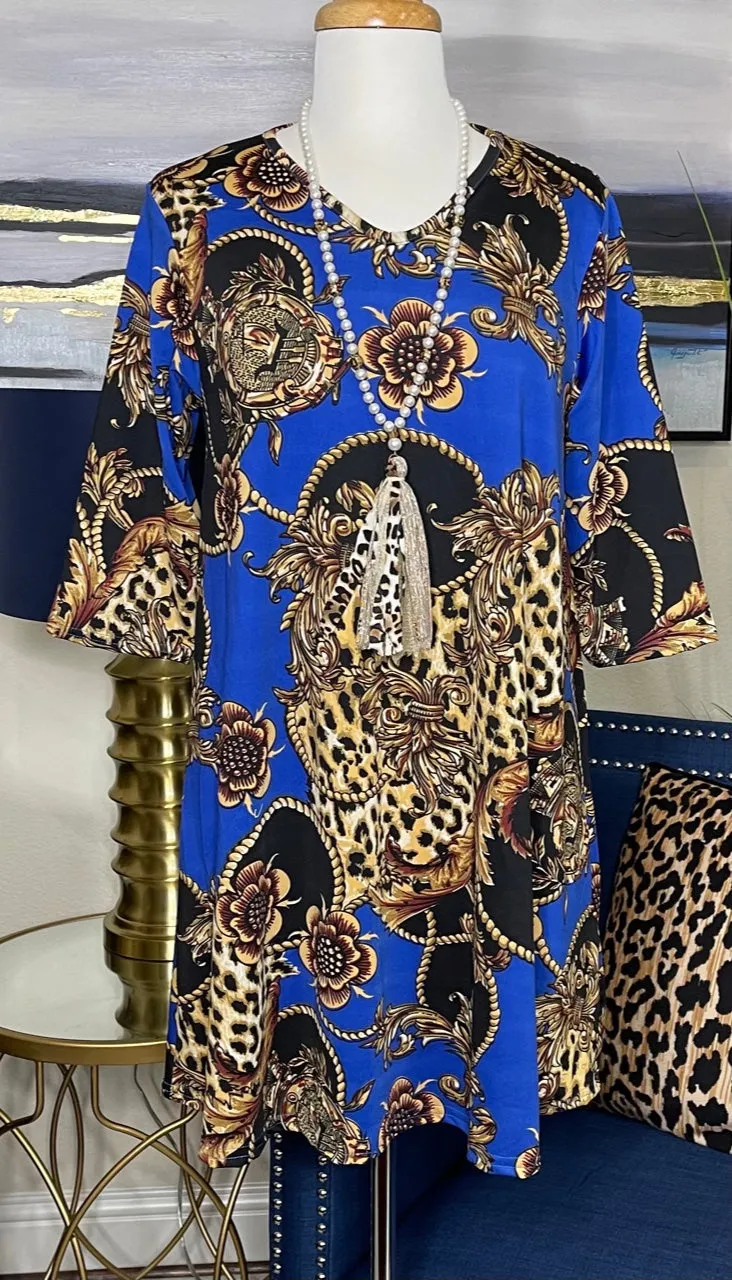 M-L : Royal Blue, Leopard, & Scroll Flutter Tunic