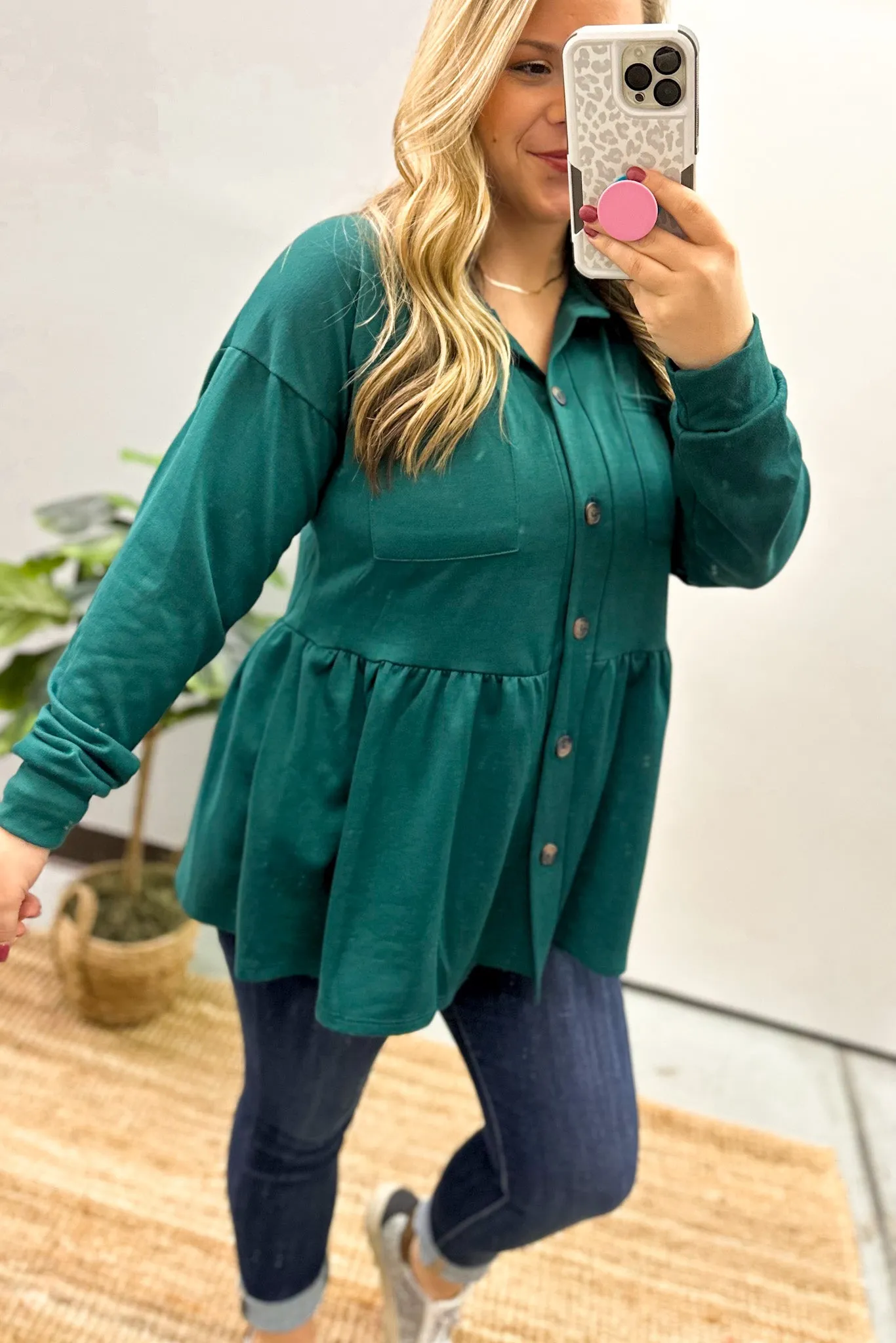 Make My Day Peplum Button Down Top, Hunter Green