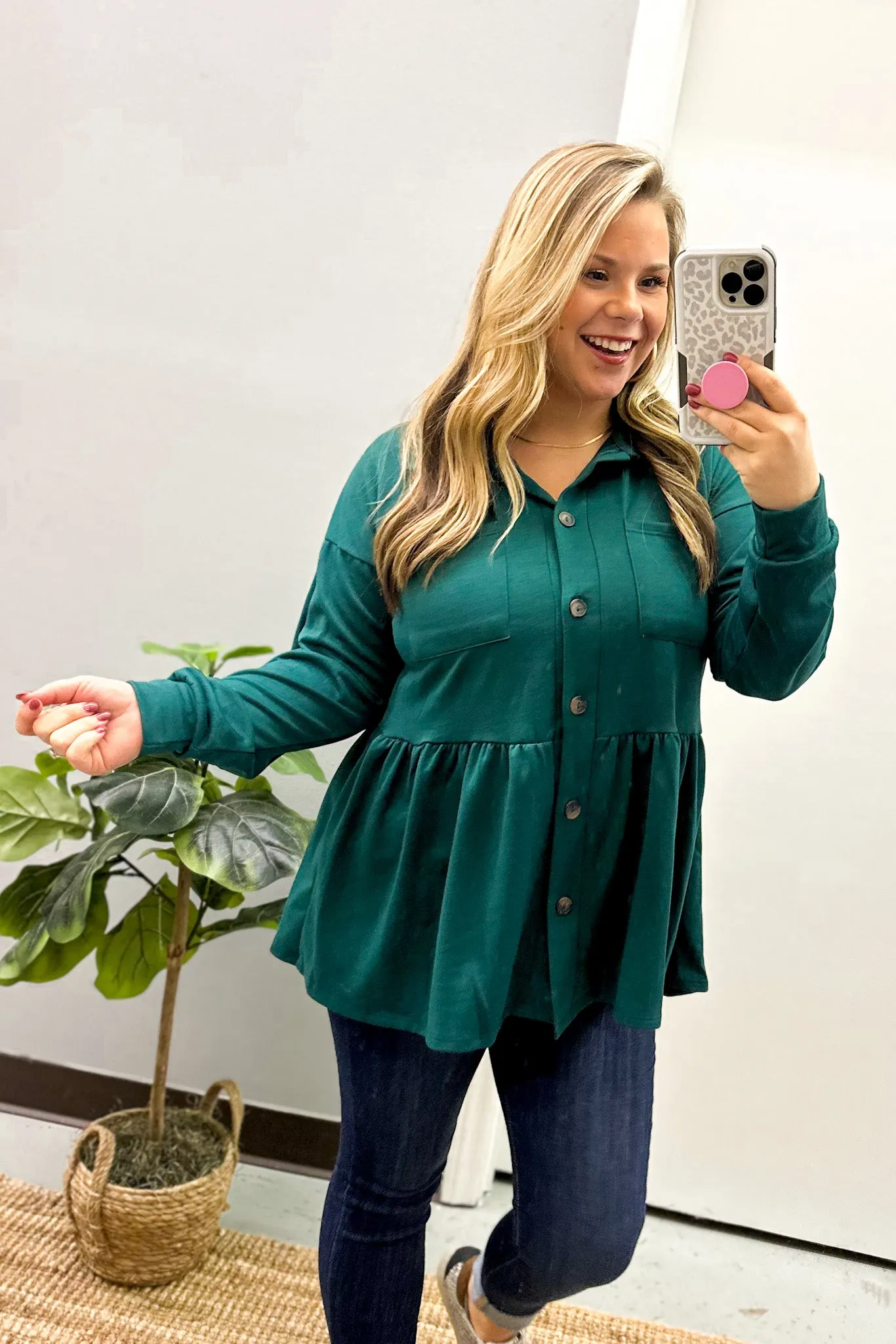 Make My Day Peplum Button Down Top, Hunter Green