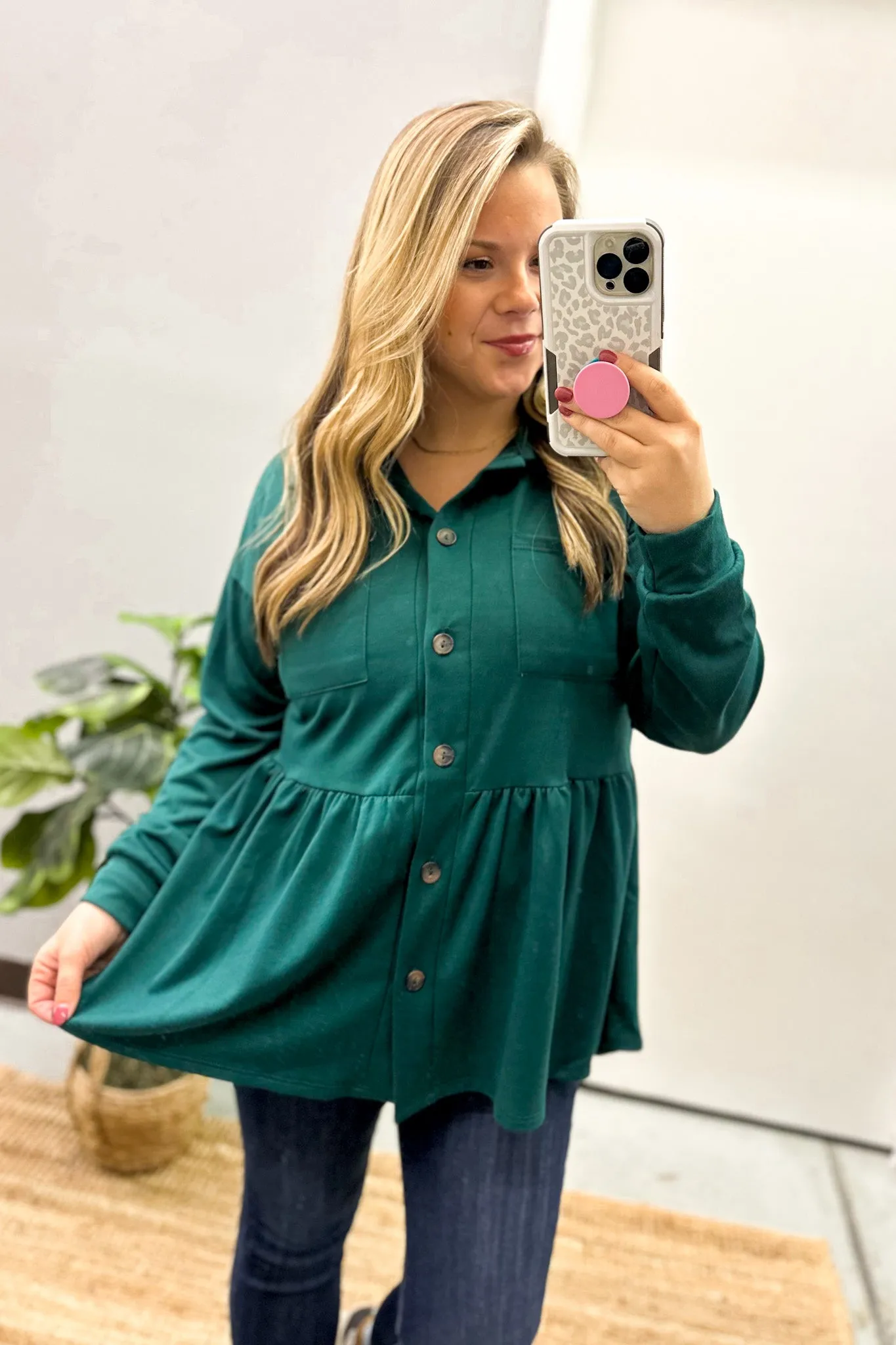 Make My Day Peplum Button Down Top, Hunter Green