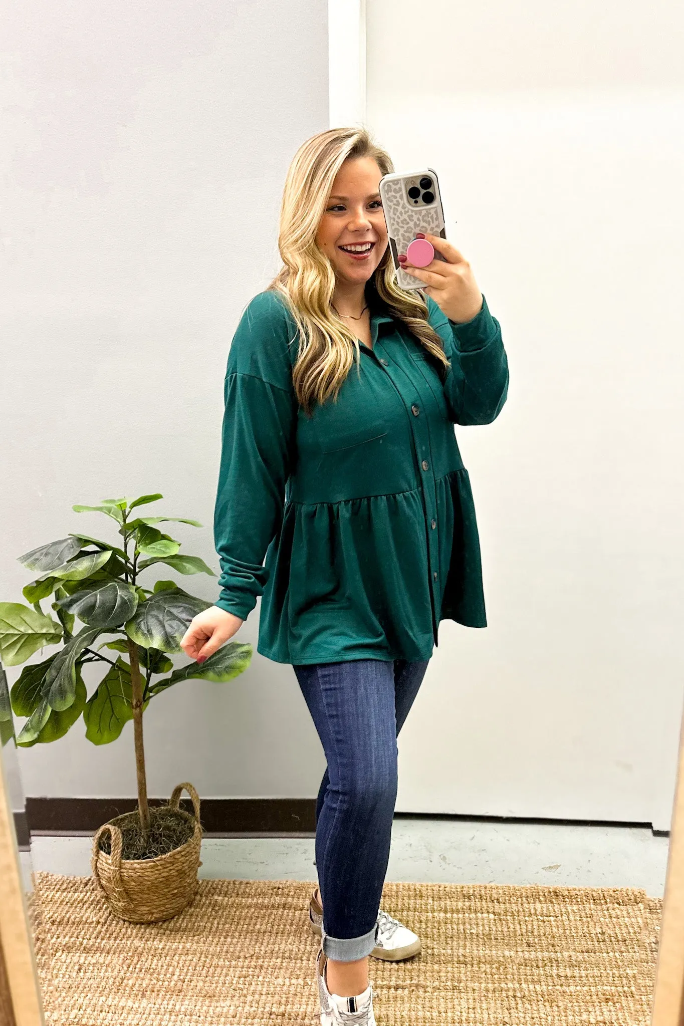 Make My Day Peplum Button Down Top, Hunter Green