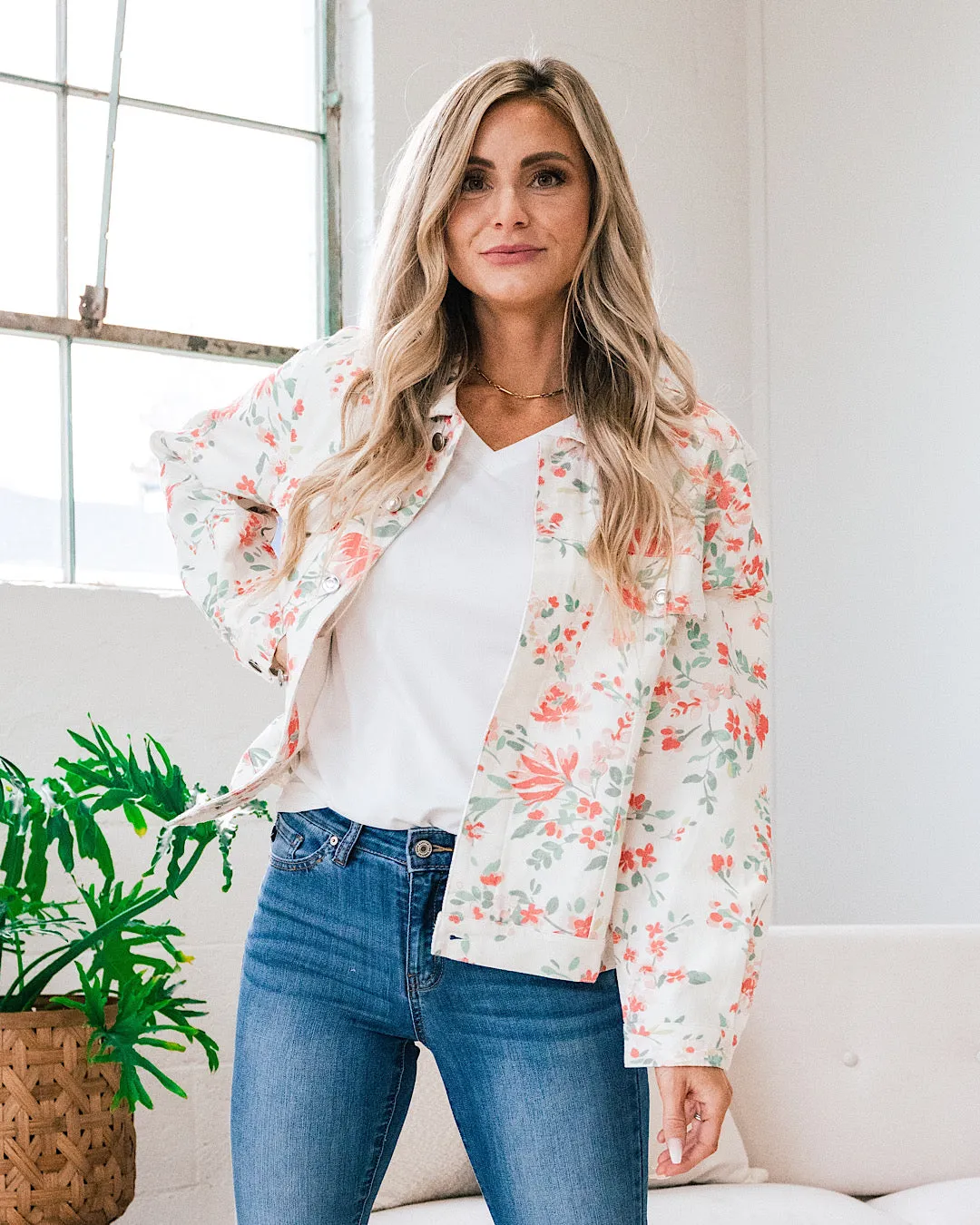 NEW! Daniela Ivory Denim Jacket with Coral Floral Print