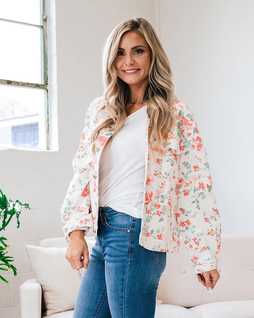 NEW! Daniela Ivory Denim Jacket with Coral Floral Print