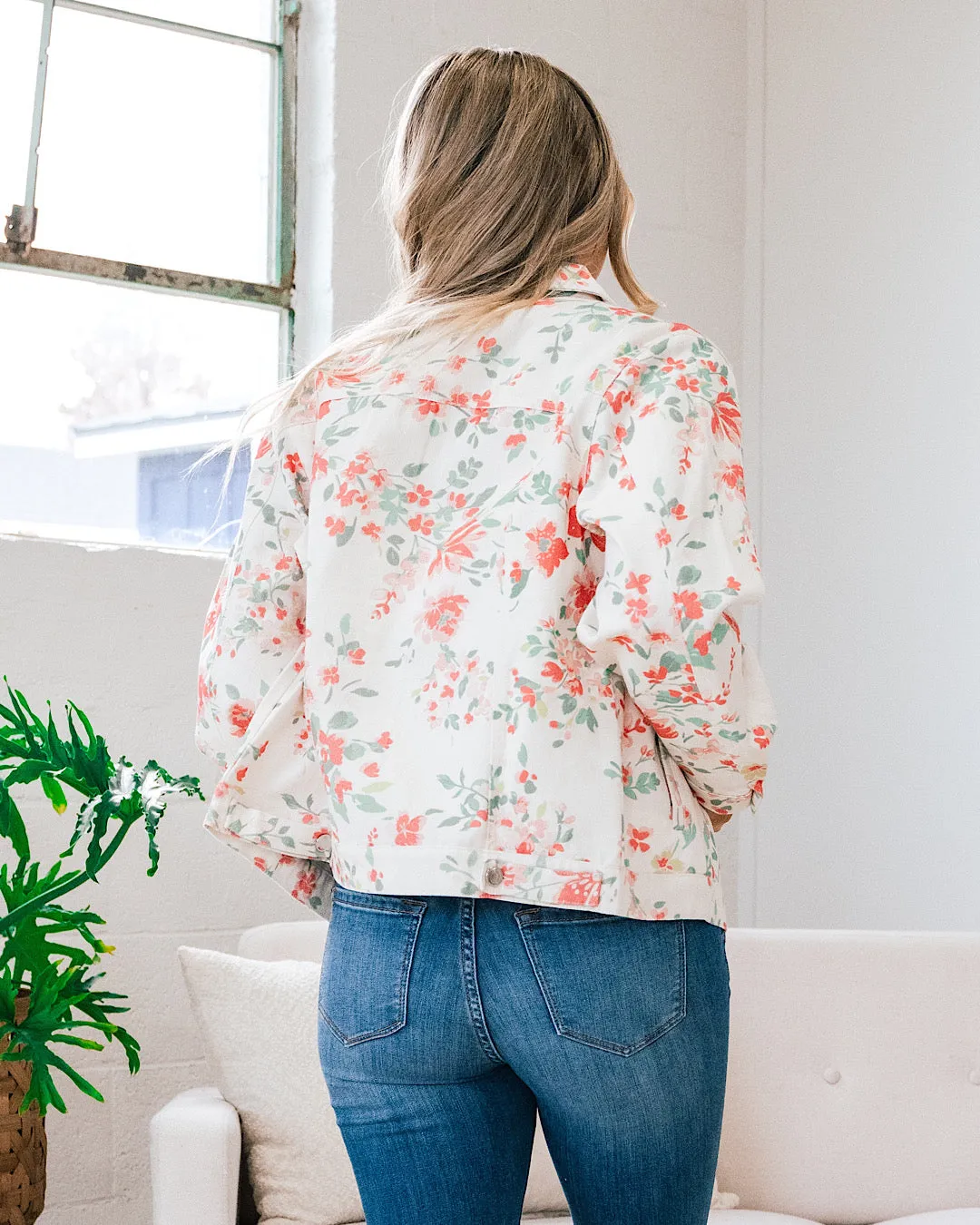 NEW! Daniela Ivory Denim Jacket with Coral Floral Print