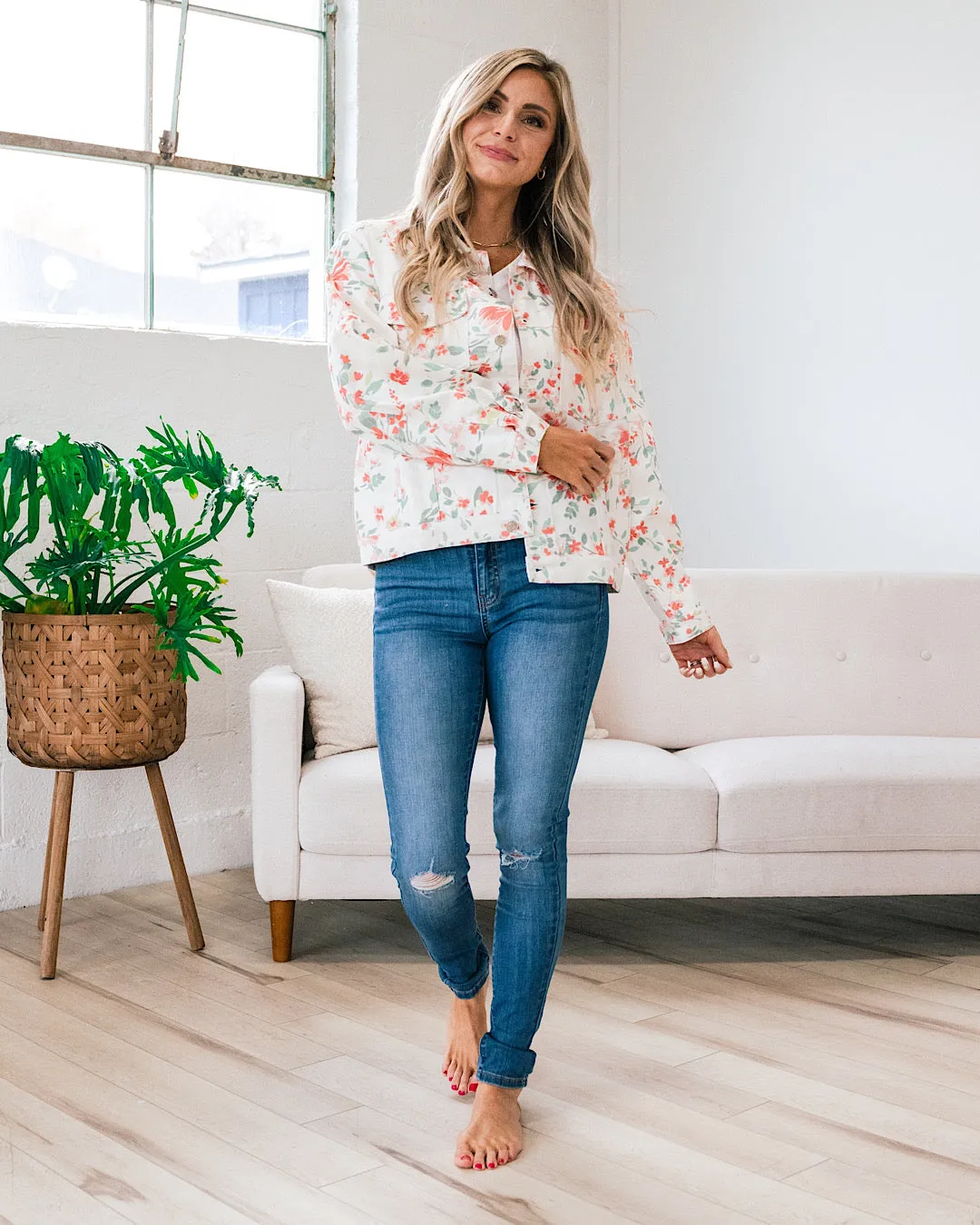 NEW! Daniela Ivory Denim Jacket with Coral Floral Print