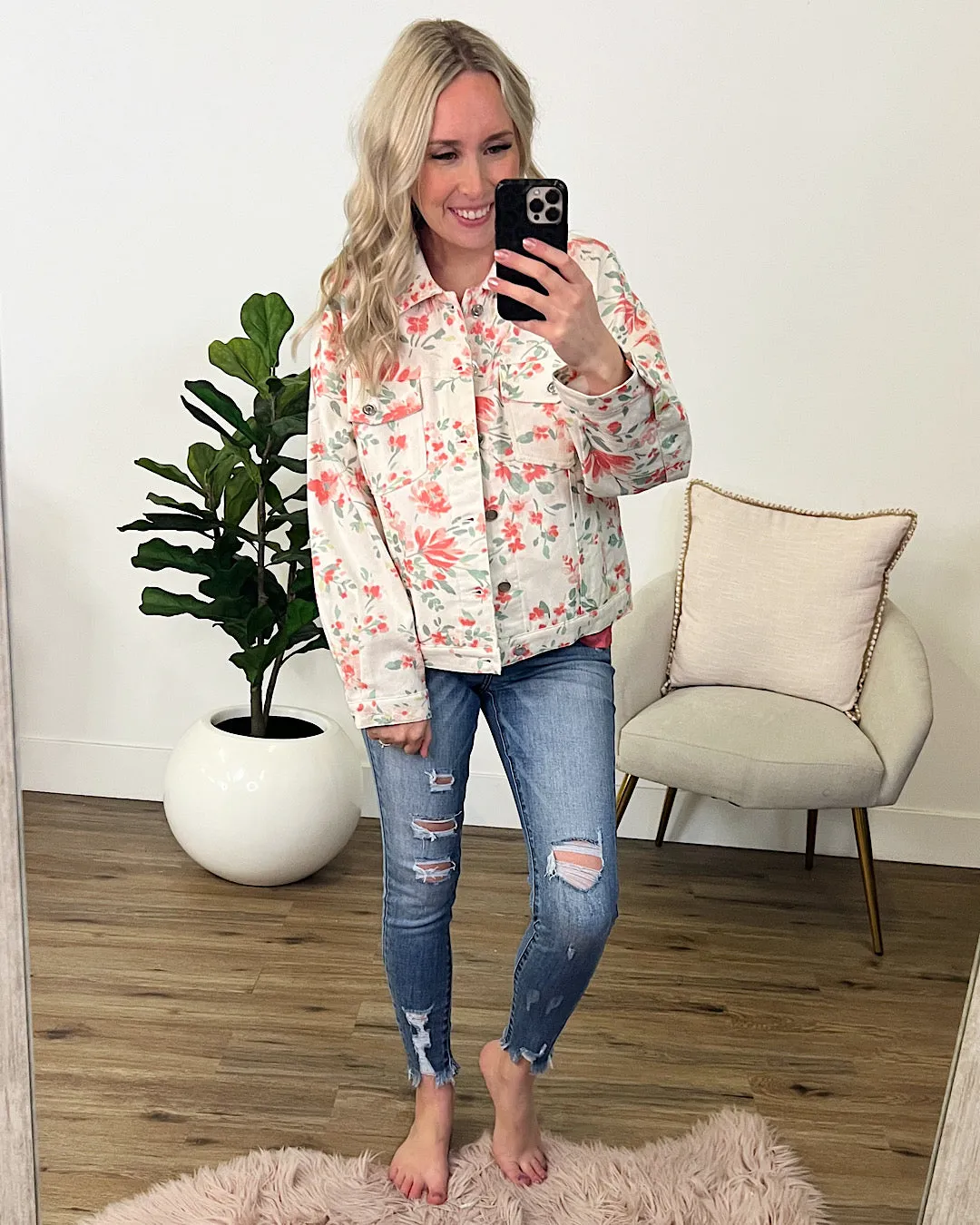 NEW! Daniela Ivory Denim Jacket with Coral Floral Print