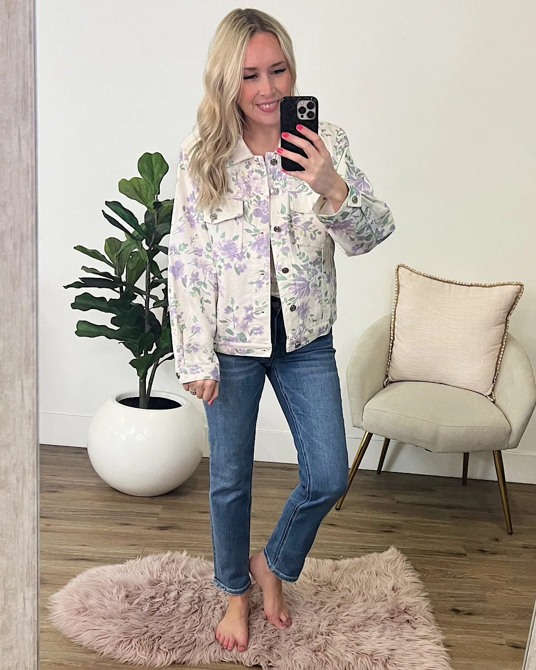 NEW! Daniela Ivory Denim Jacket with Lavender Floral Print