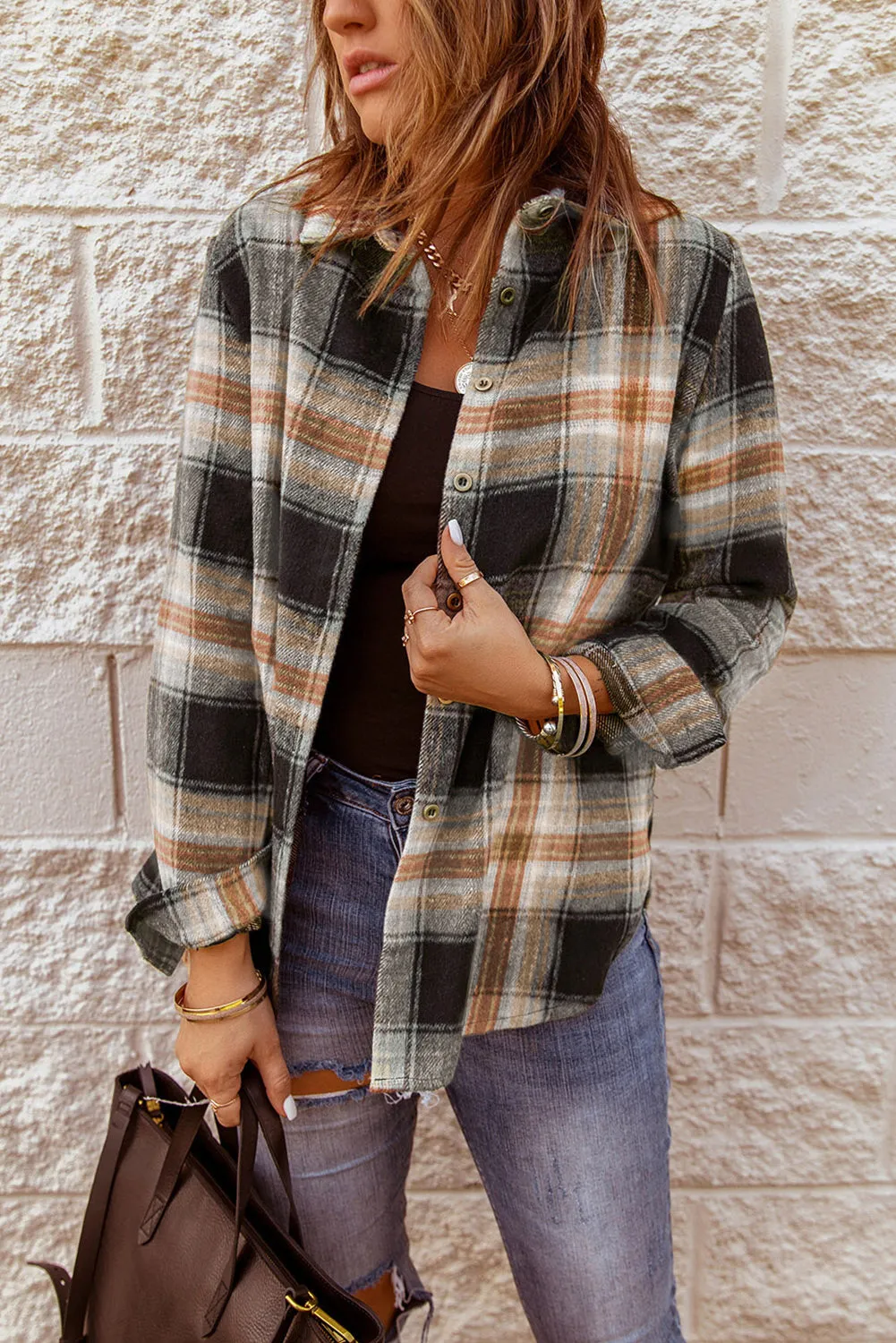 Oversize Rounded Hem Plaid Shirt with Slits