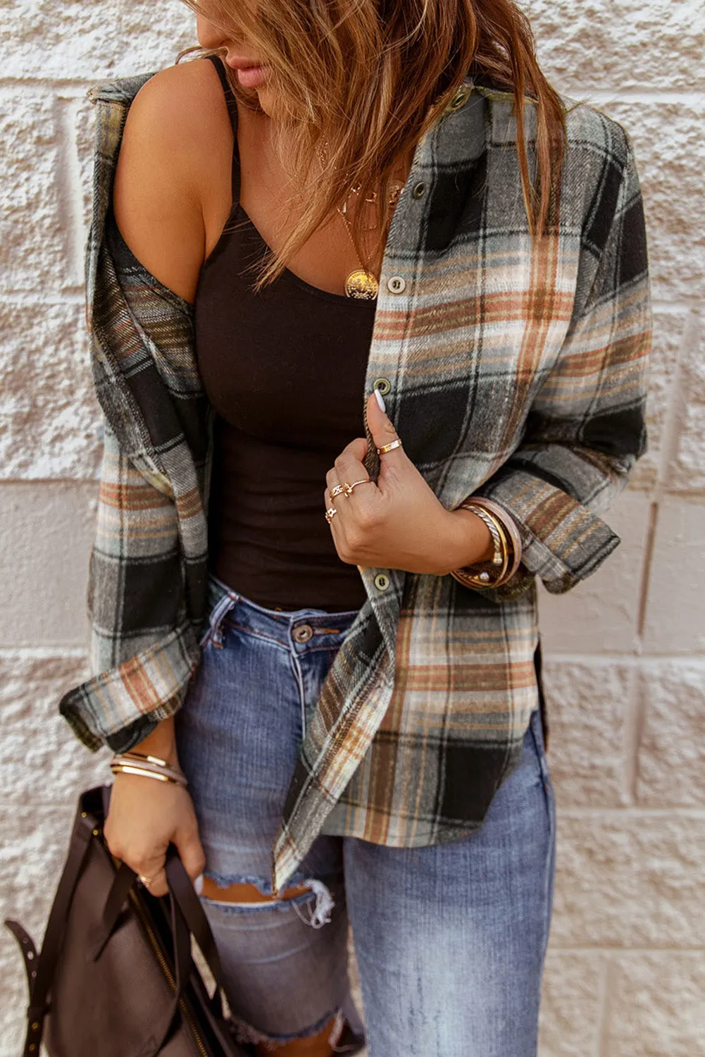 Oversize Rounded Hem Plaid Shirt with Slits