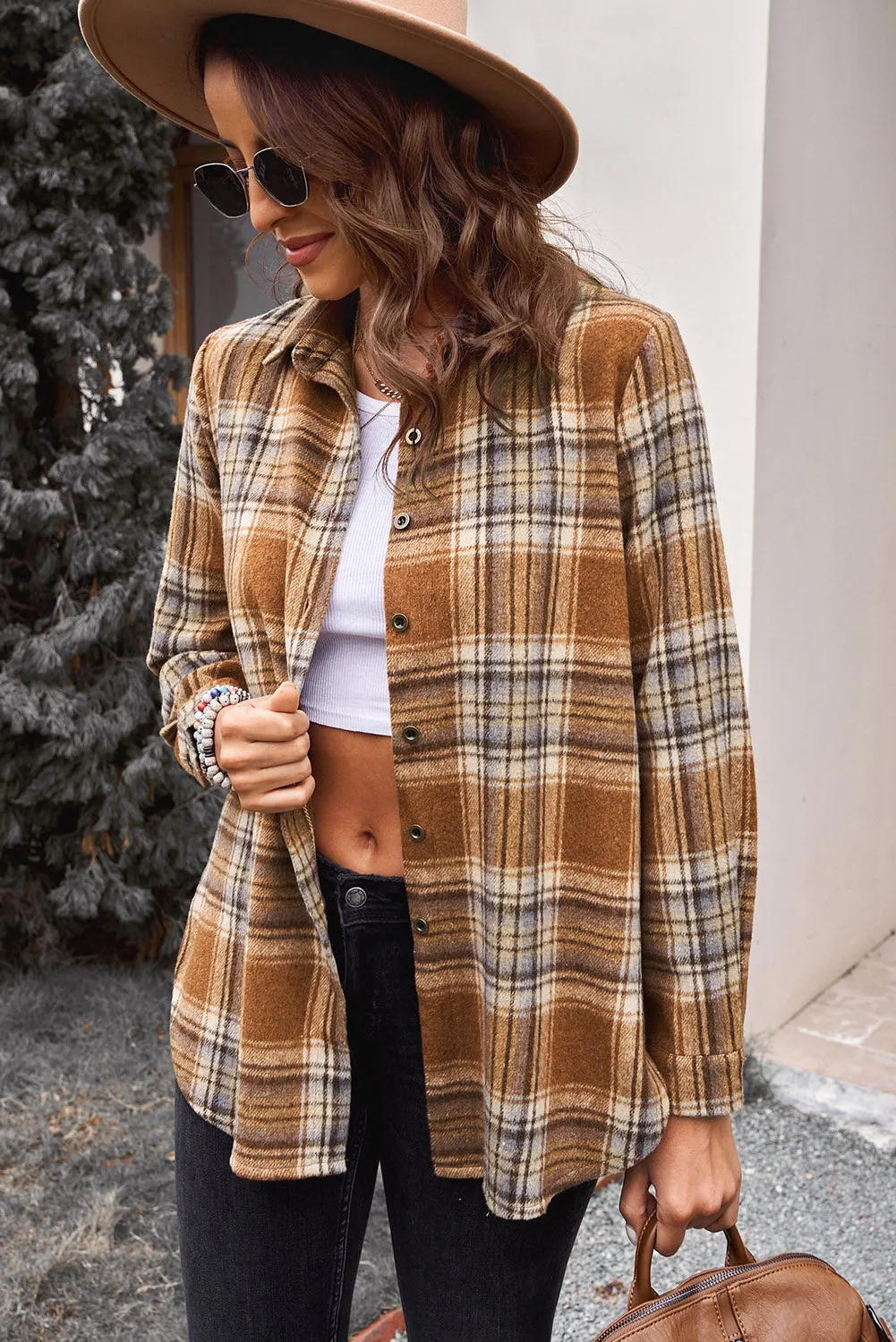 Oversize Rounded Hem Plaid Shirt with Slits