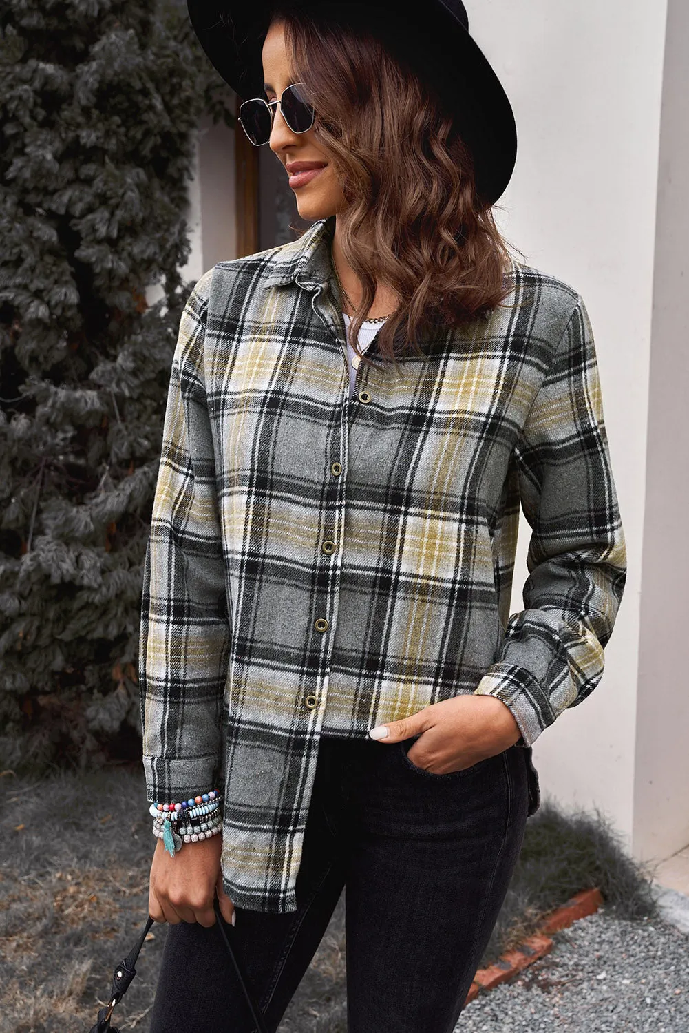 Oversize Rounded Hem Plaid Shirt with Slits