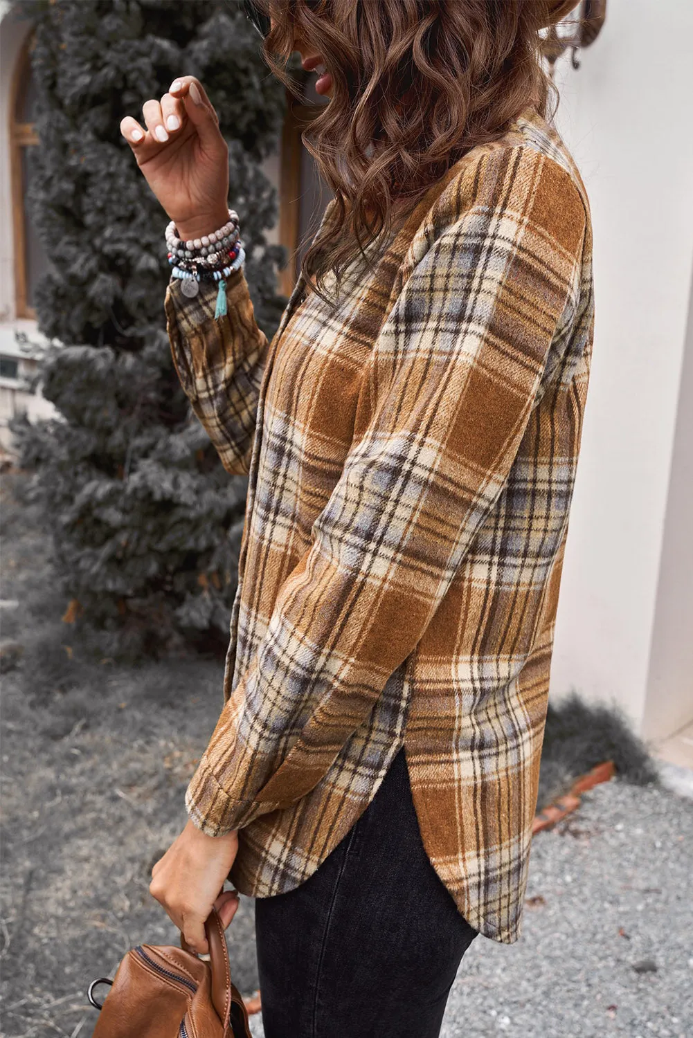 Oversize Rounded Hem Plaid Shirt with Slits