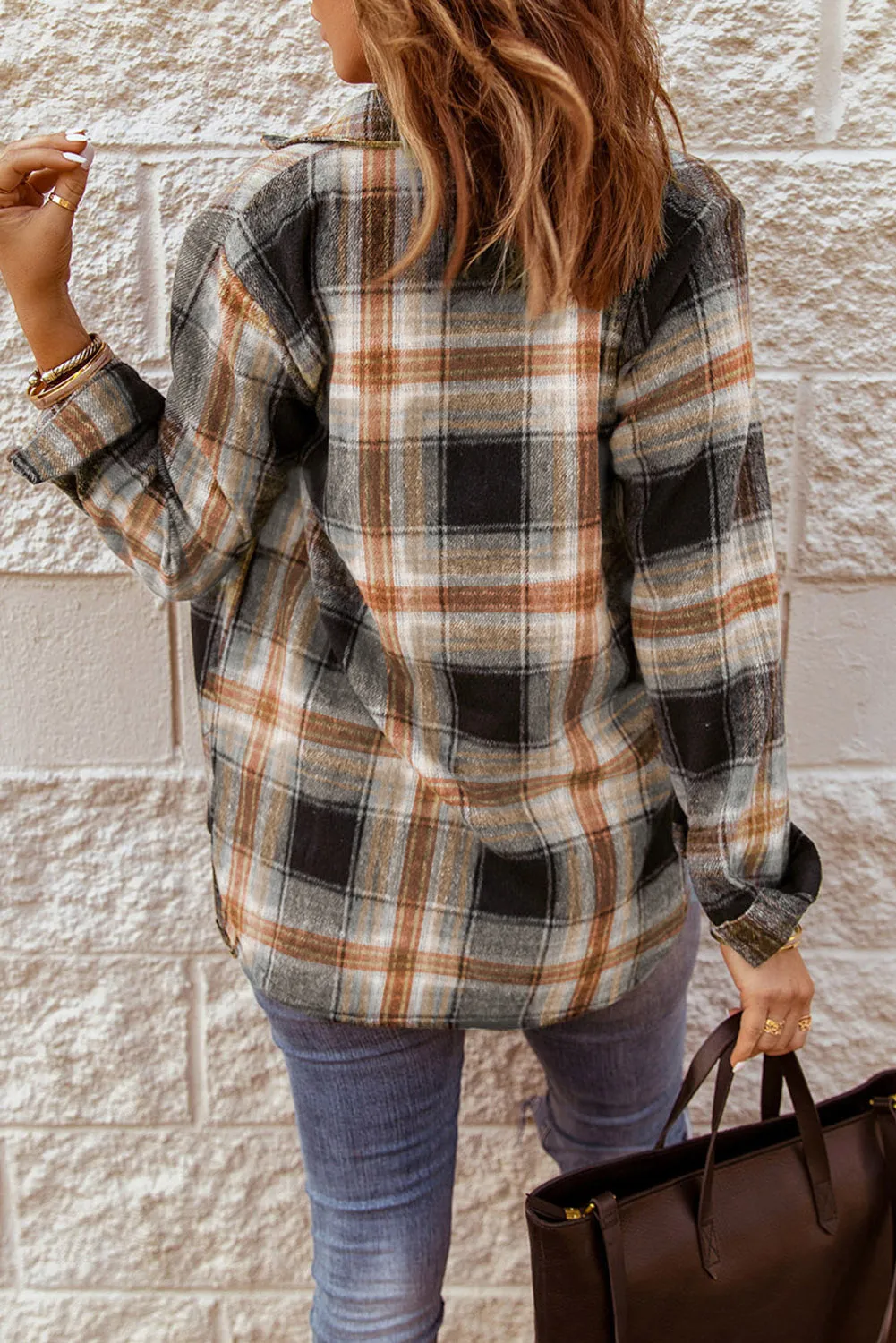 Oversize Rounded Hem Plaid Shirt with Slits