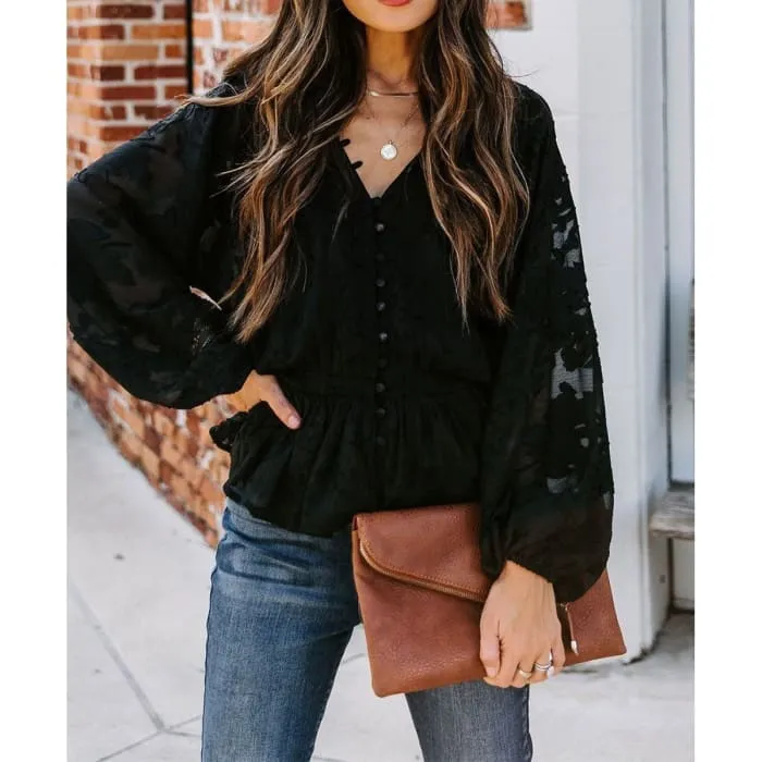 Peplum Top with Burnout Sleeves