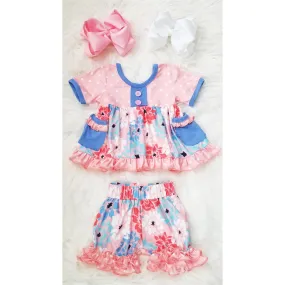 Pink Flower & Polka Dot Short Sleeve Ruffles Set