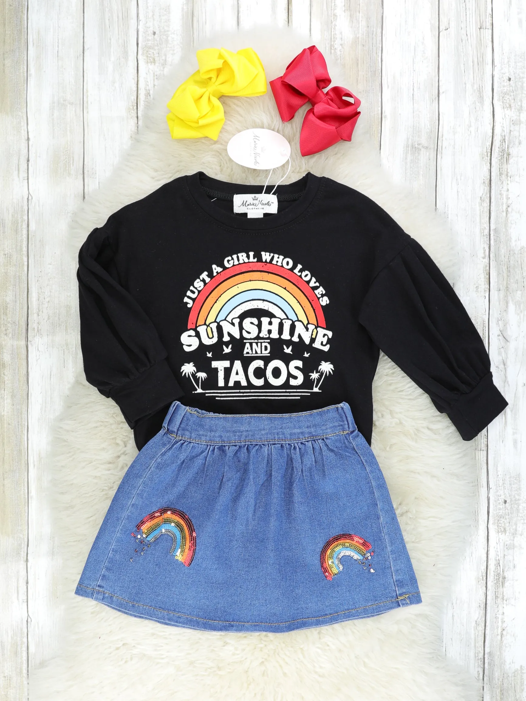 "Sunshine & Tacos" Top & Denim Rainbow Skirt Outfit