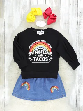 "Sunshine & Tacos" Top & Denim Rainbow Skirt Outfit