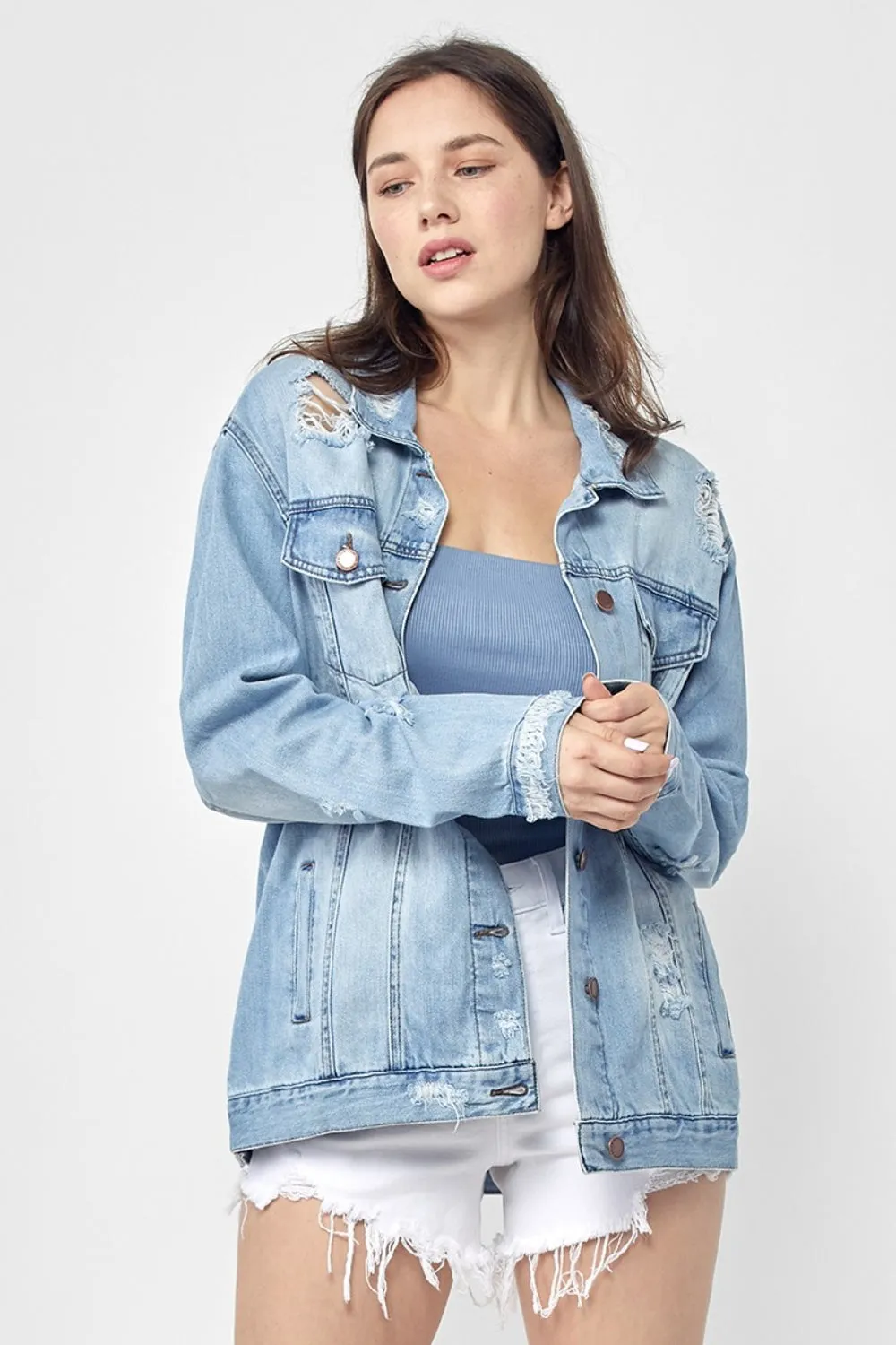 RISEN, Distressed Long Sleeve Denim Jacket