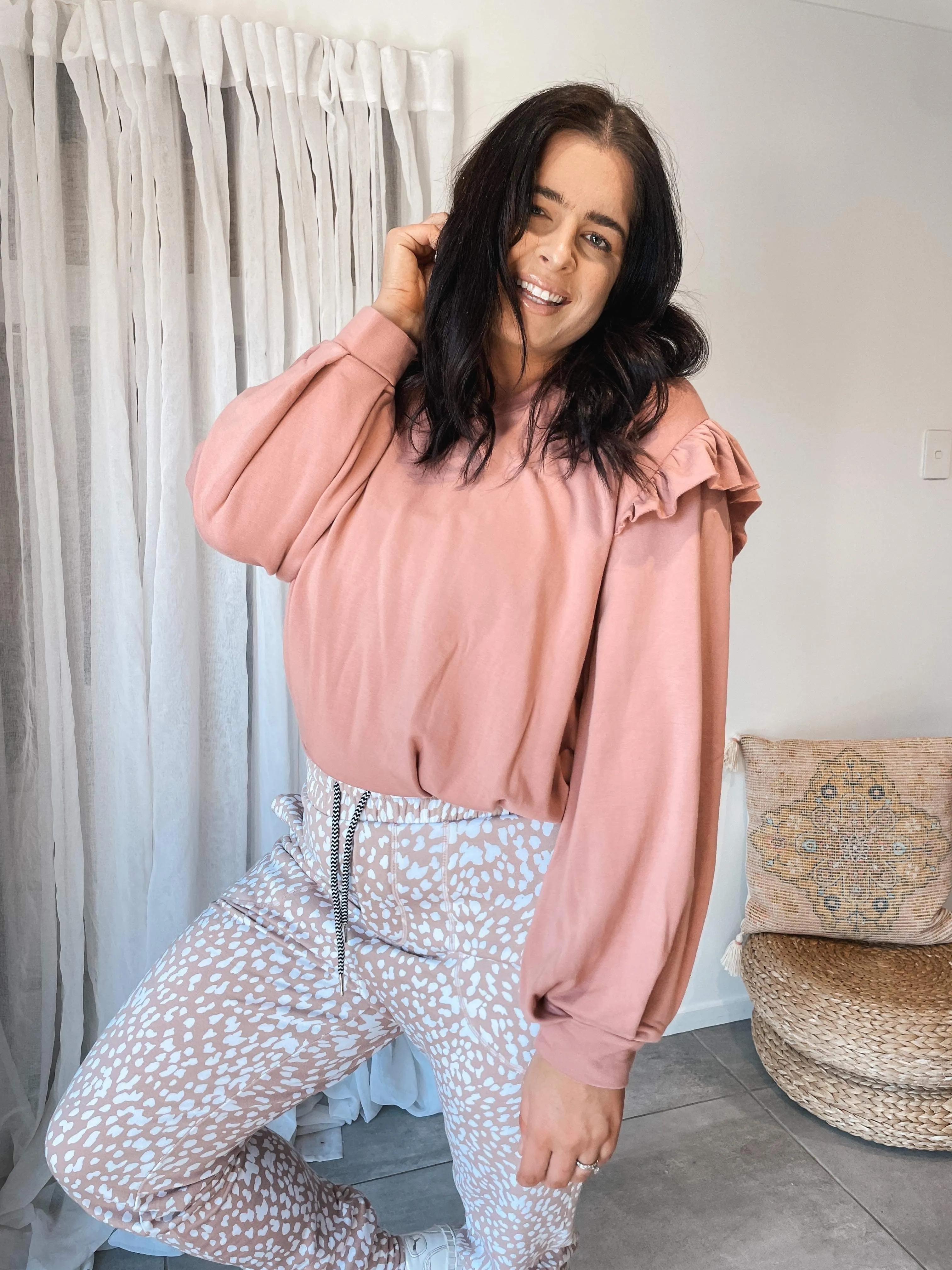 Ruffle Puff Sleeve Jumper - Dusty Pink Bamboo Fleece