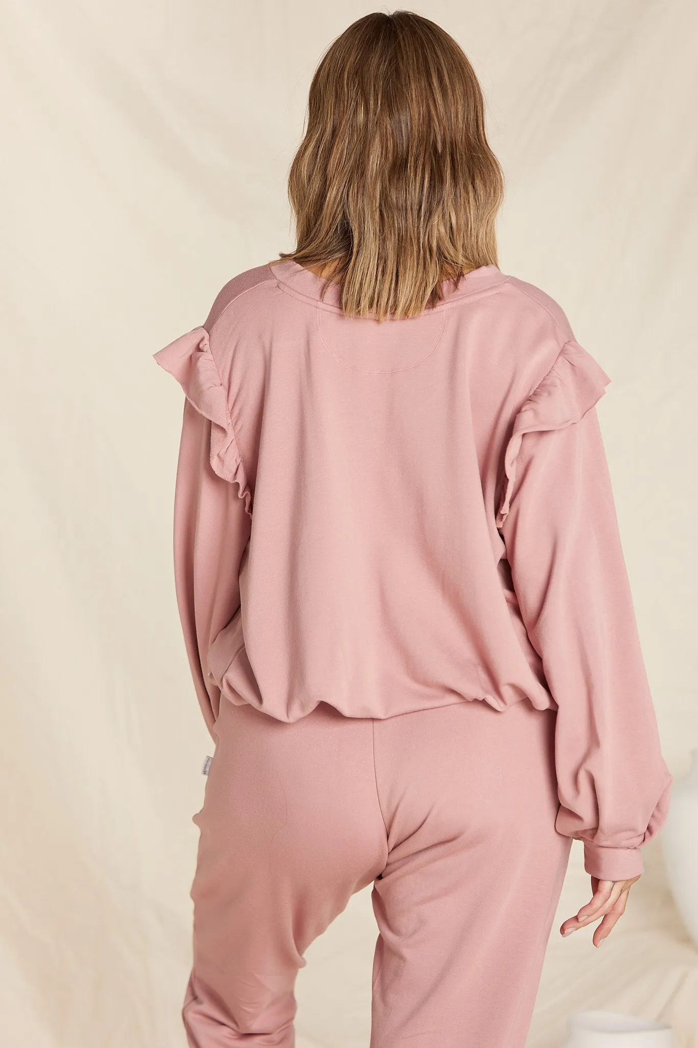 Ruffle Puff Sleeve Jumper - Dusty Pink Bamboo Fleece