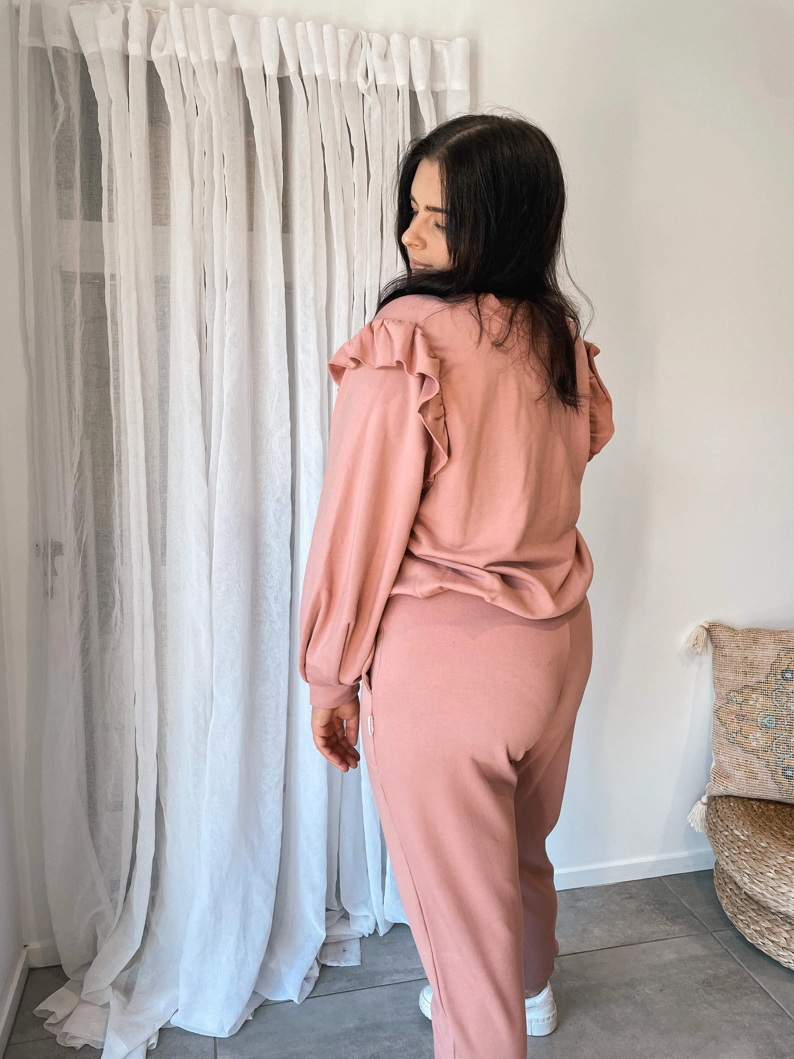 Ruffle Puff Sleeve Jumper - Dusty Pink Bamboo Fleece