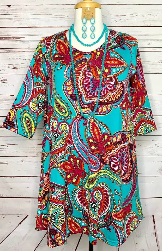 Small:  Turquoise Multi Paisley Flutter Tunic