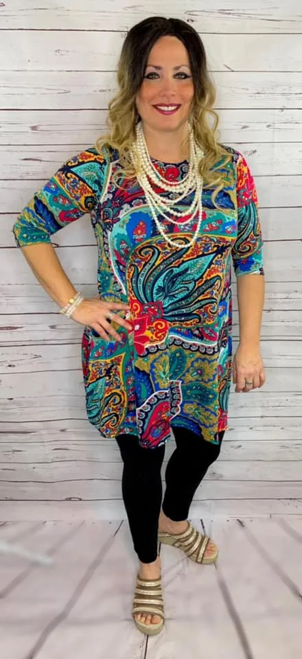 SMALL * Turquoise, Mustard, Pink Paisley Flutter Tunic Dress