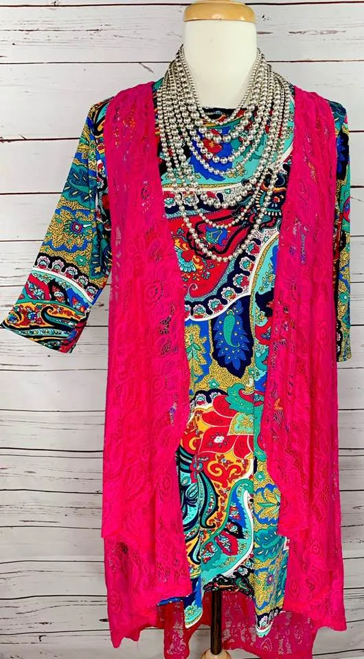 SMALL * Turquoise, Mustard, Pink Paisley Flutter Tunic Dress