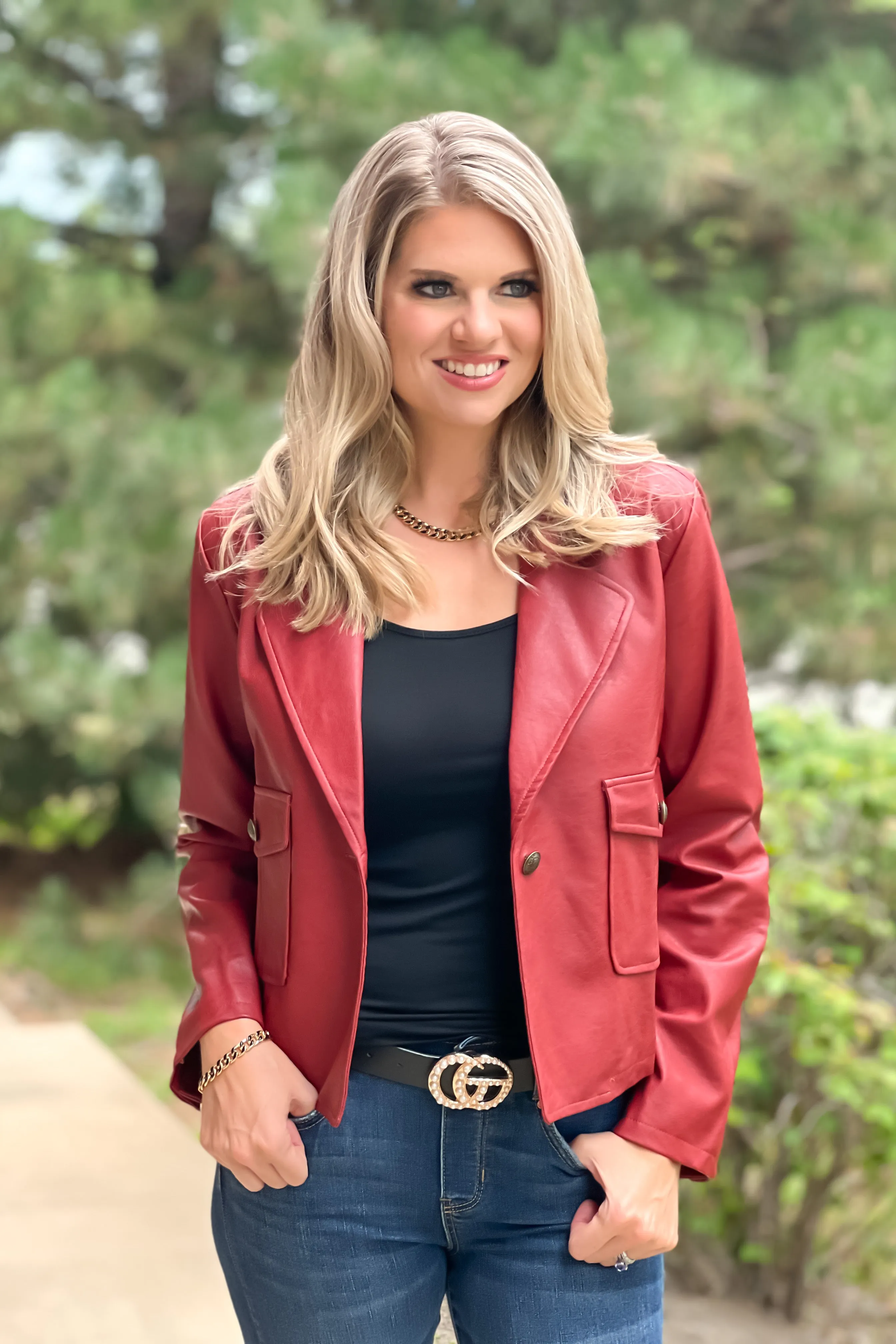 Something More Faux Leather Short Jacket : Burnt Red